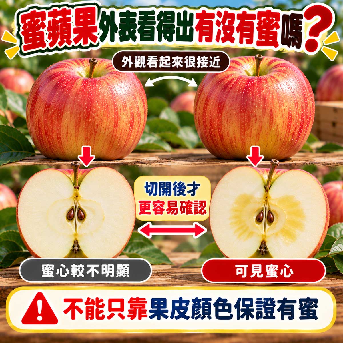 蜜蘋果外表無法保證蜜心與果皮完整度比較