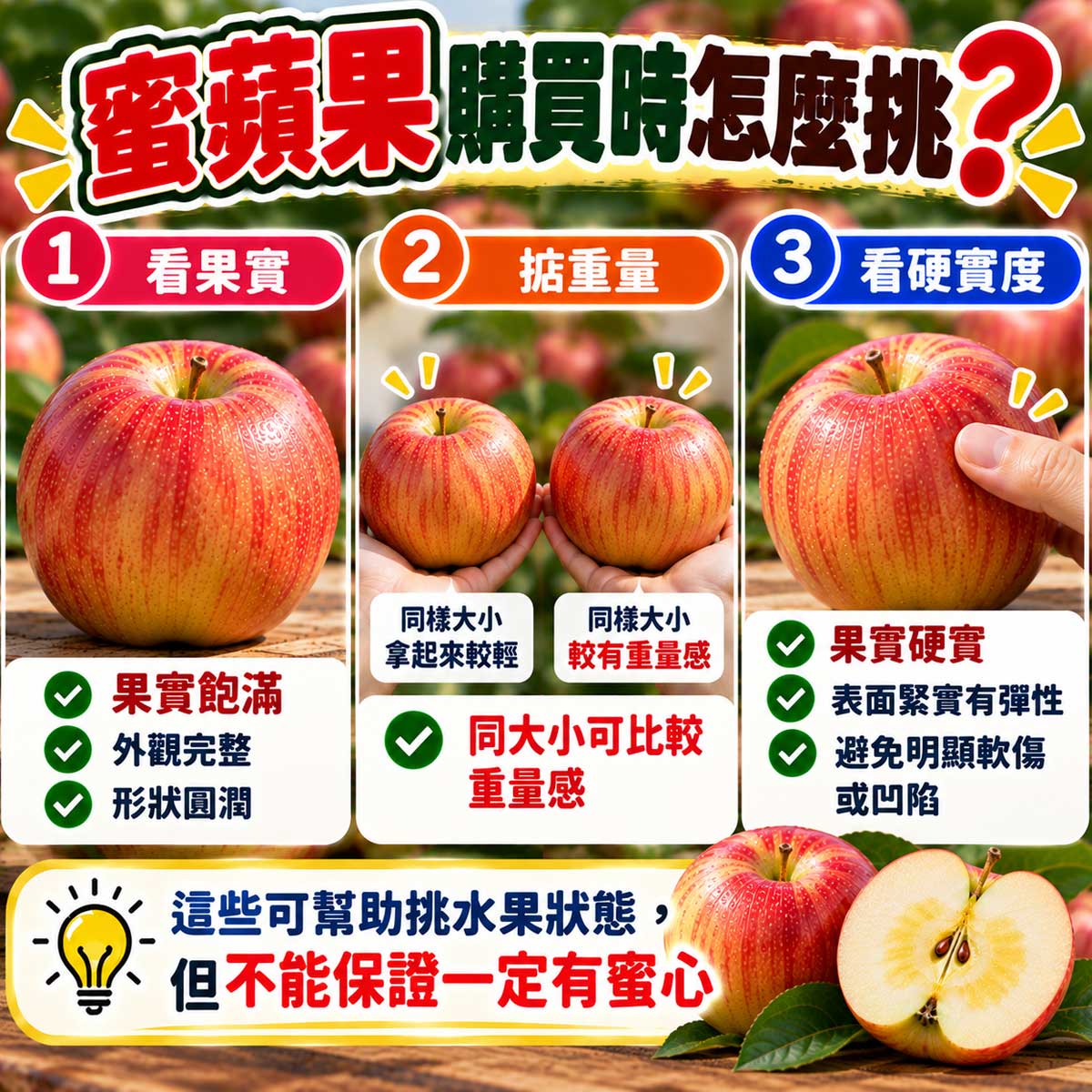 未切開蜜蘋果重量感硬實度與果皮完整挑選比較