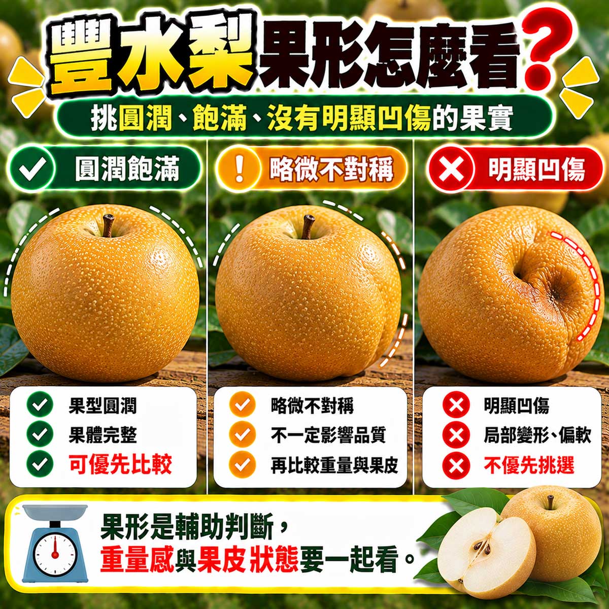 豐水梨圓潤果形飽滿度與碰傷凹陷比較