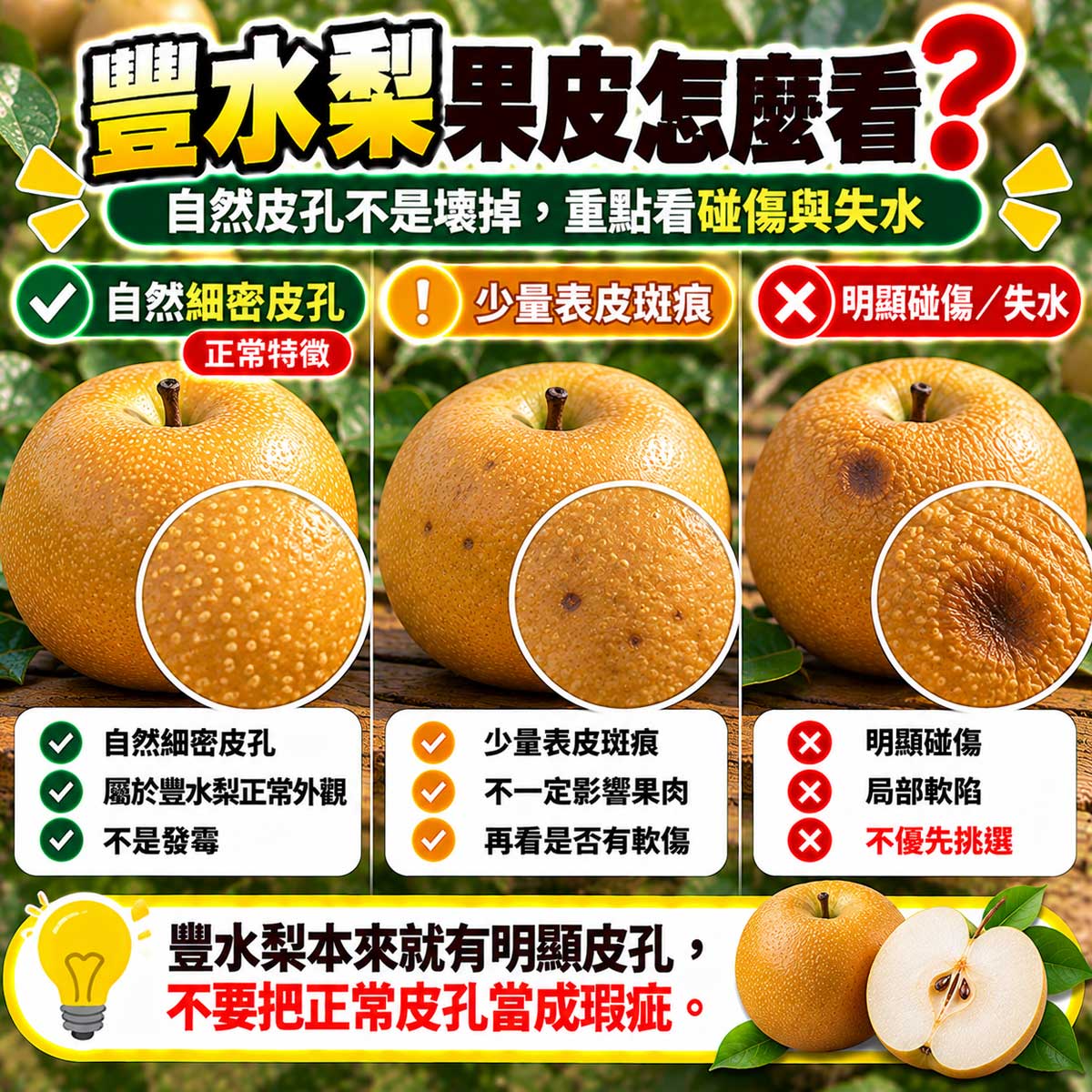 豐水梨自然皮孔與碰傷腐壞異常斑點比較