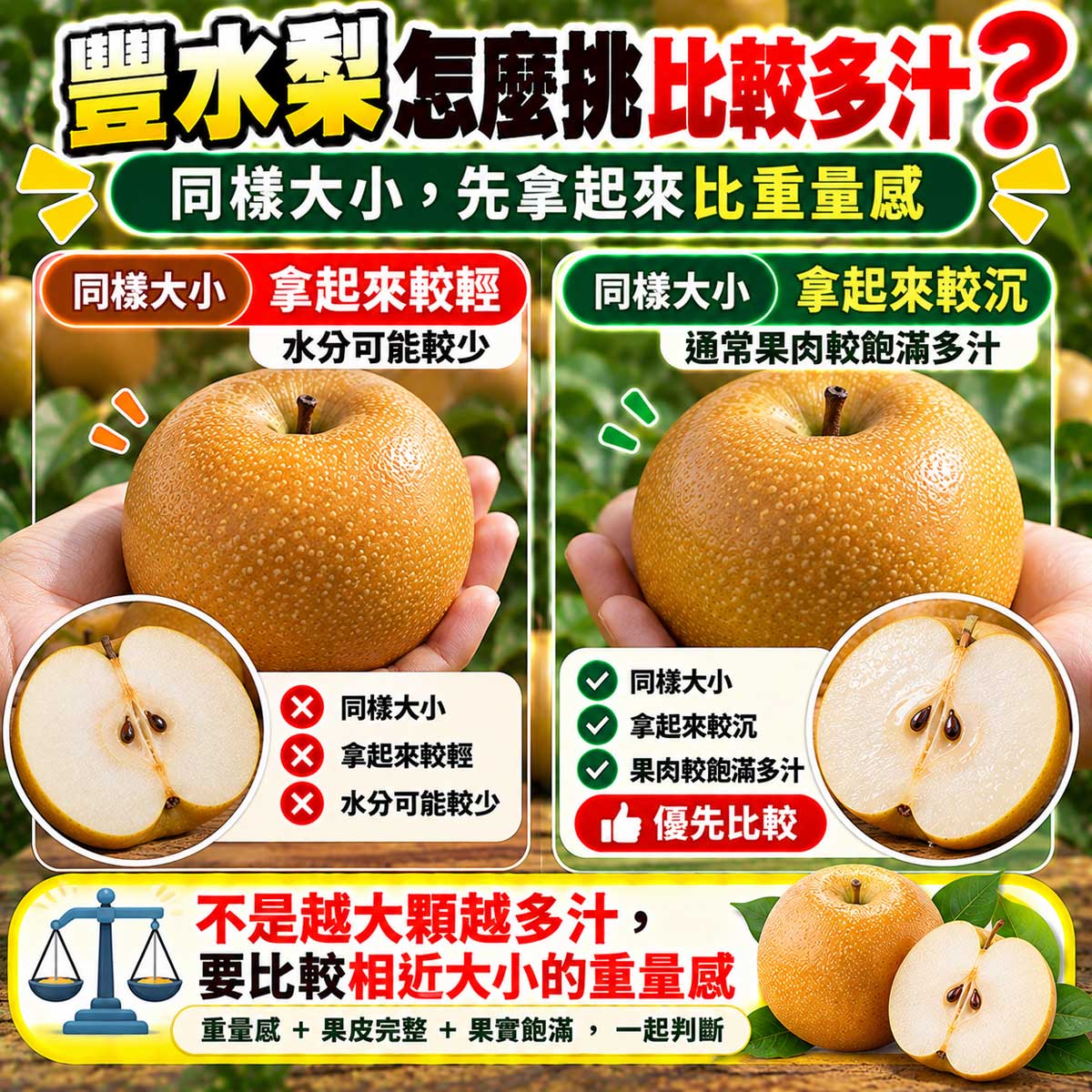 同大小豐水梨重量感與清脆多汁程度比較