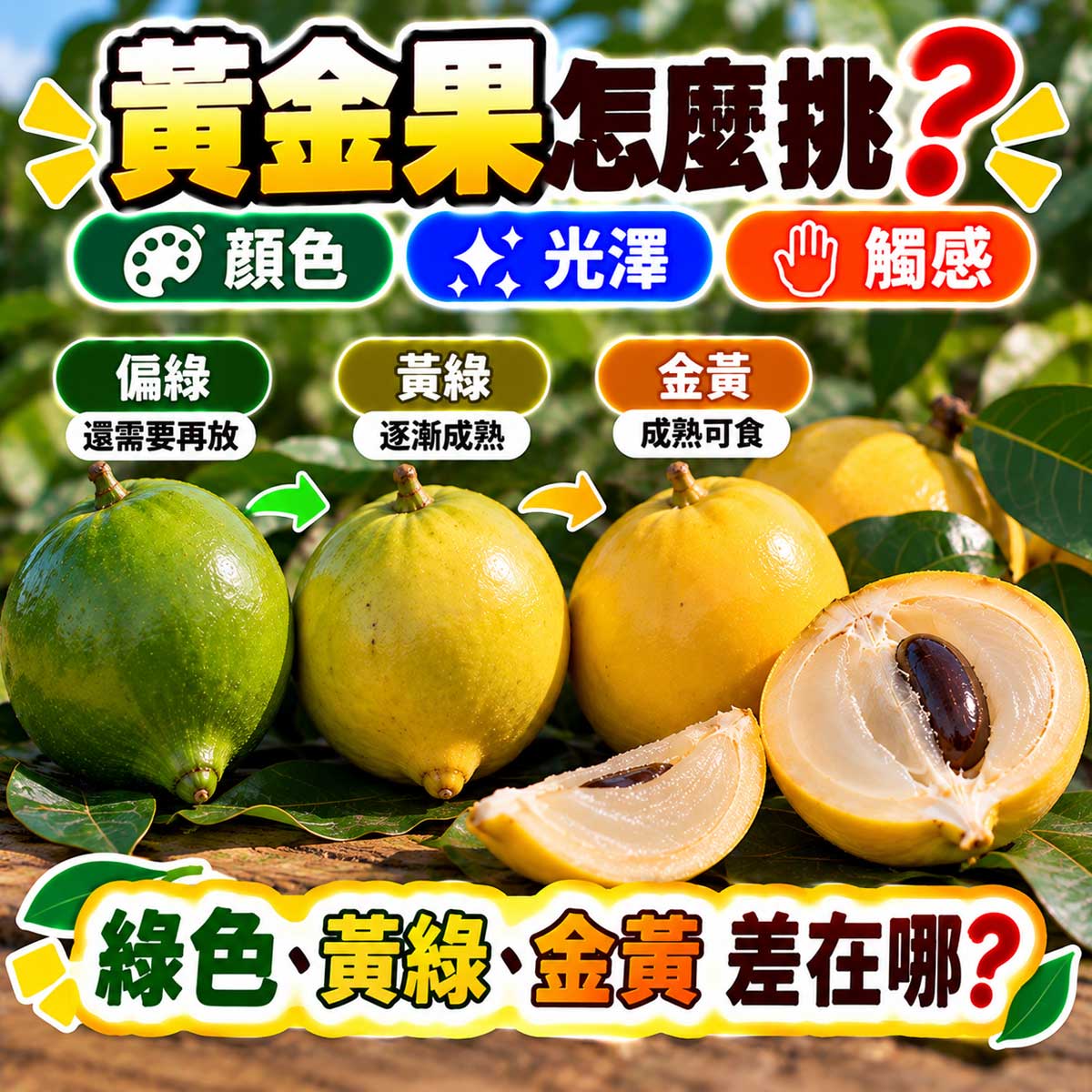 黃金果果皮轉色軟硬度乳汁與成熟度怎麼挑代表圖