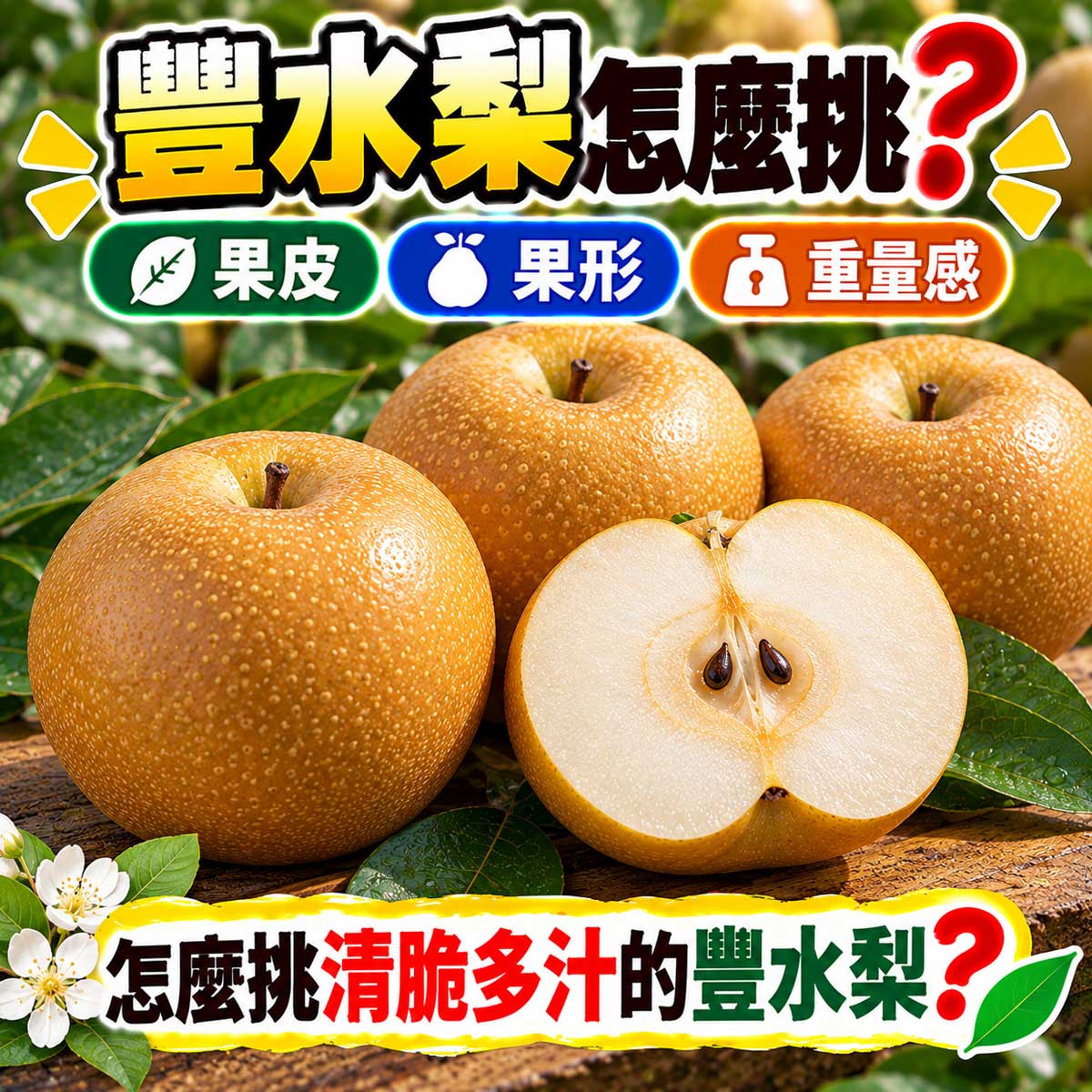豐水梨自然皮孔圓潤果形重量與清脆多汁怎麼挑代表圖