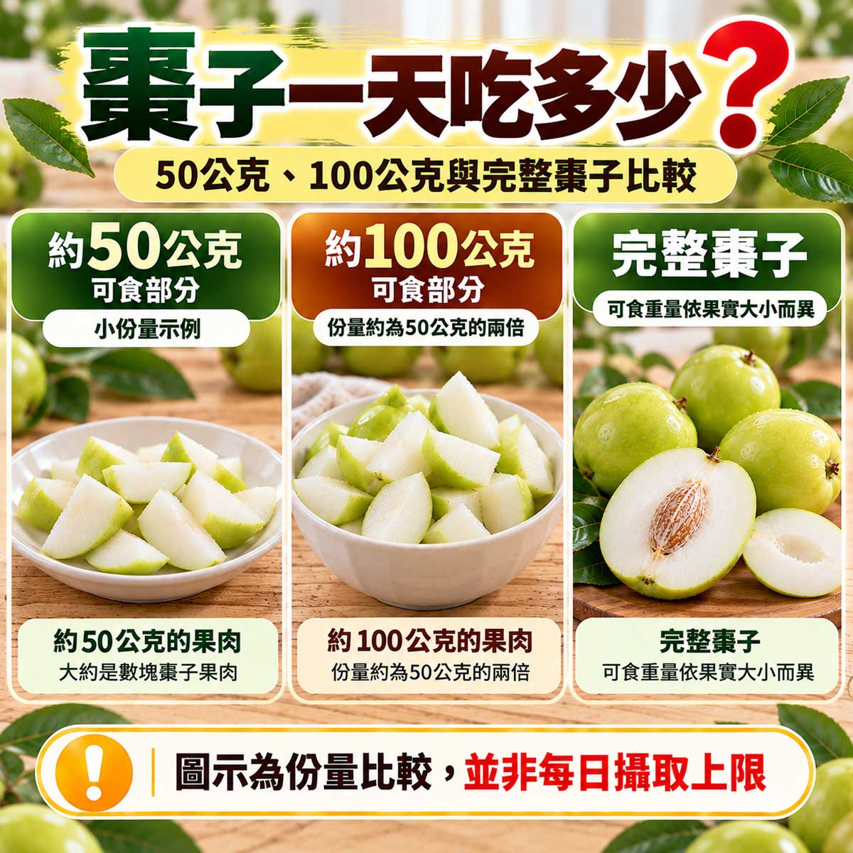 棗子一天吃多少？50公克與100公克台灣鮮食棗子可食部分份量比較