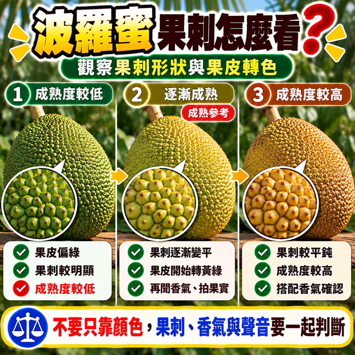 波羅蜜果刺突出逐漸變平與成熟度比較