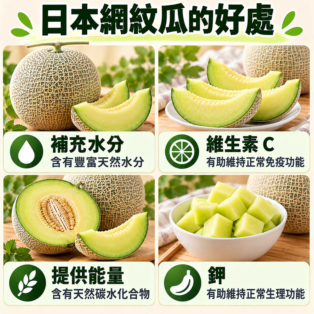 日本網紋瓜4大好處，水分維生素C能量與鉀