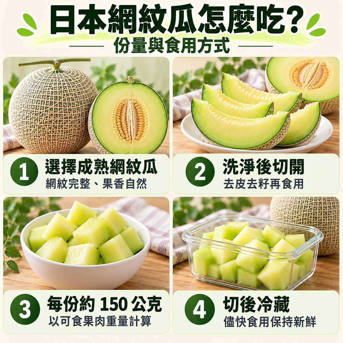 日本網紋瓜食用指南，洗淨去皮去籽約150公克果肉與冷藏