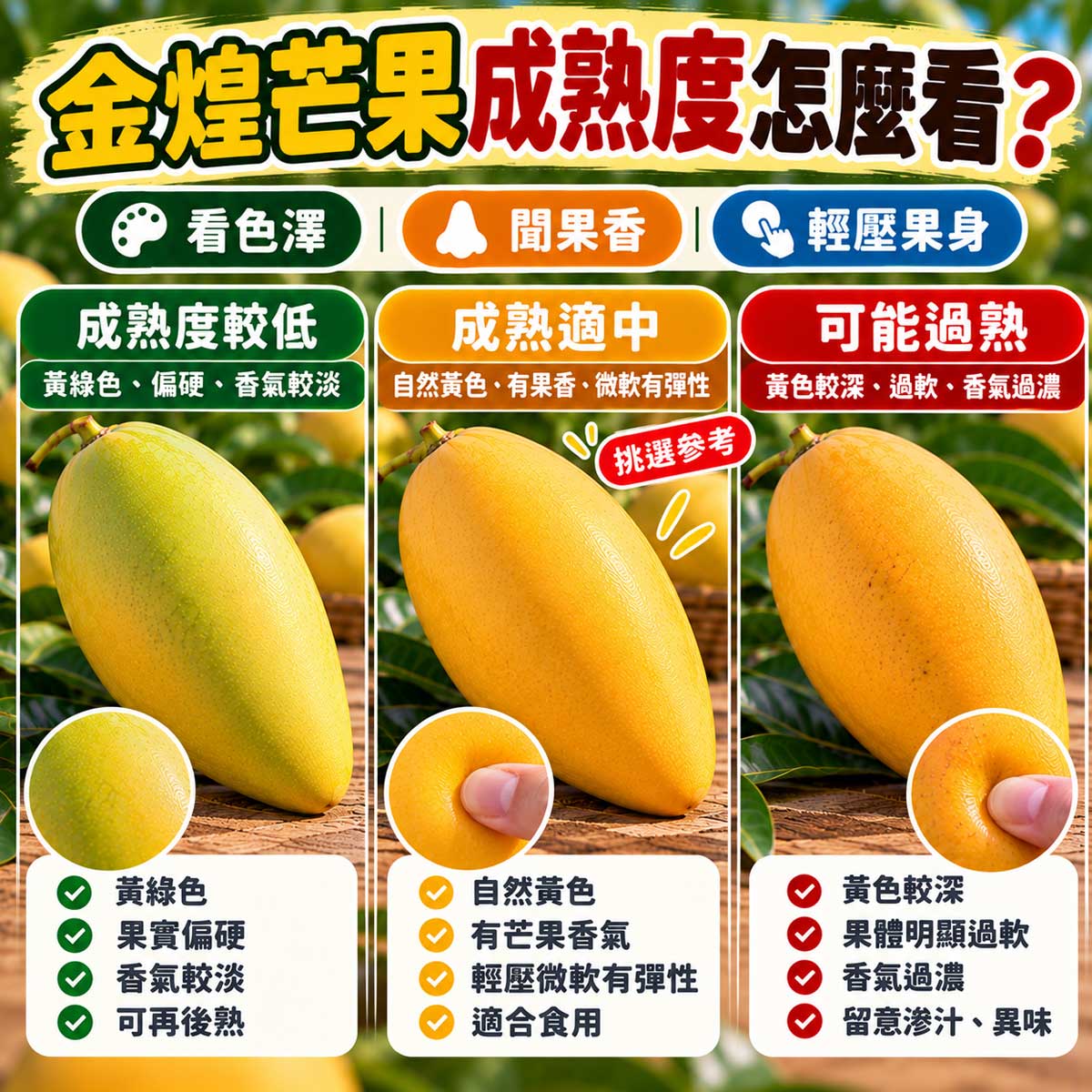 金煌芒果成熟度較低成熟適中與可能過熟比較