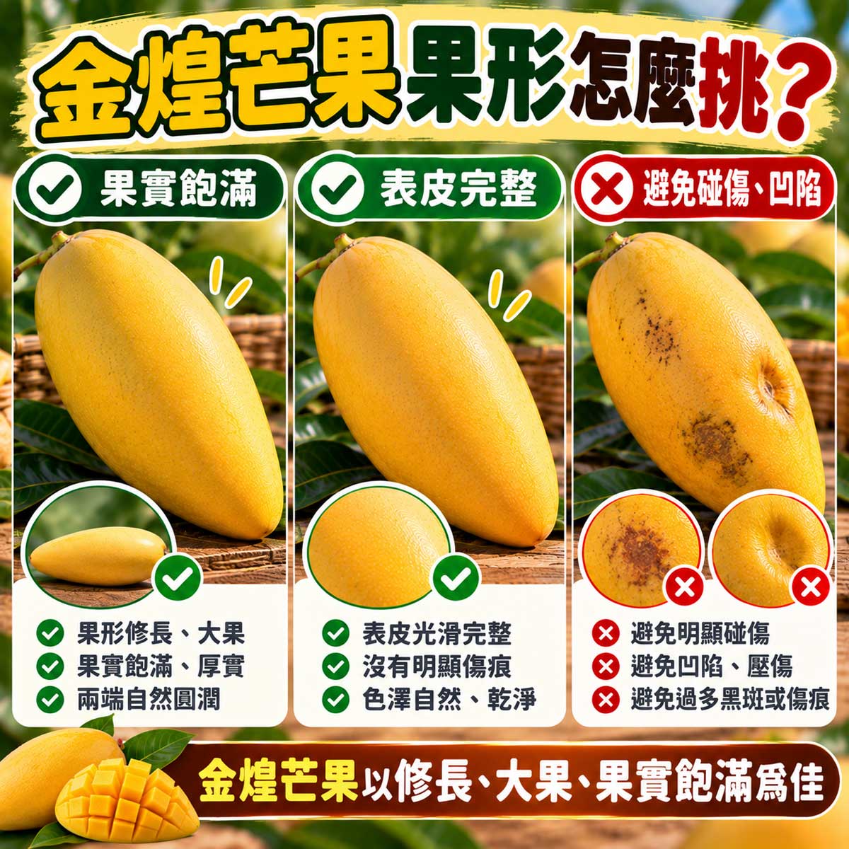 金煌芒果修長飽滿果形完整表皮與碰傷凹陷比較