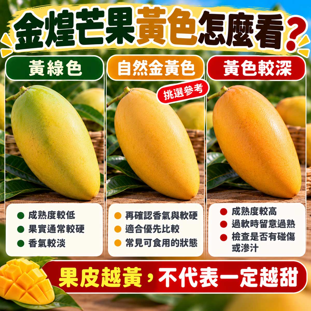 金煌芒果偏青黃自然金黃與較深黃色成熟度比較