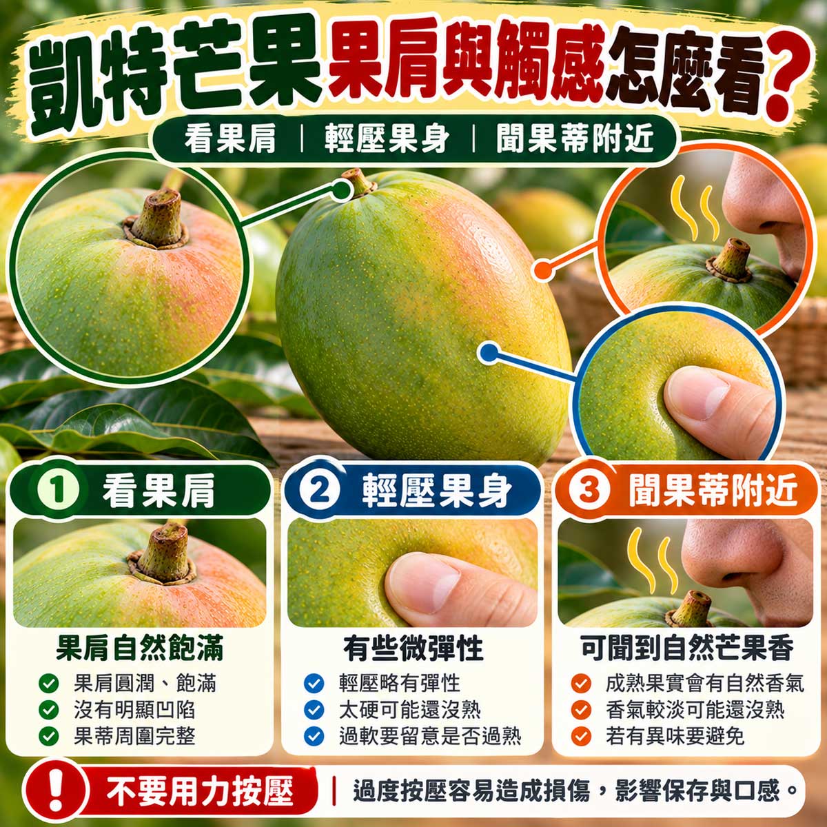 凱特芒果果肩飽滿度輕壓觸感與果蒂香氣檢查