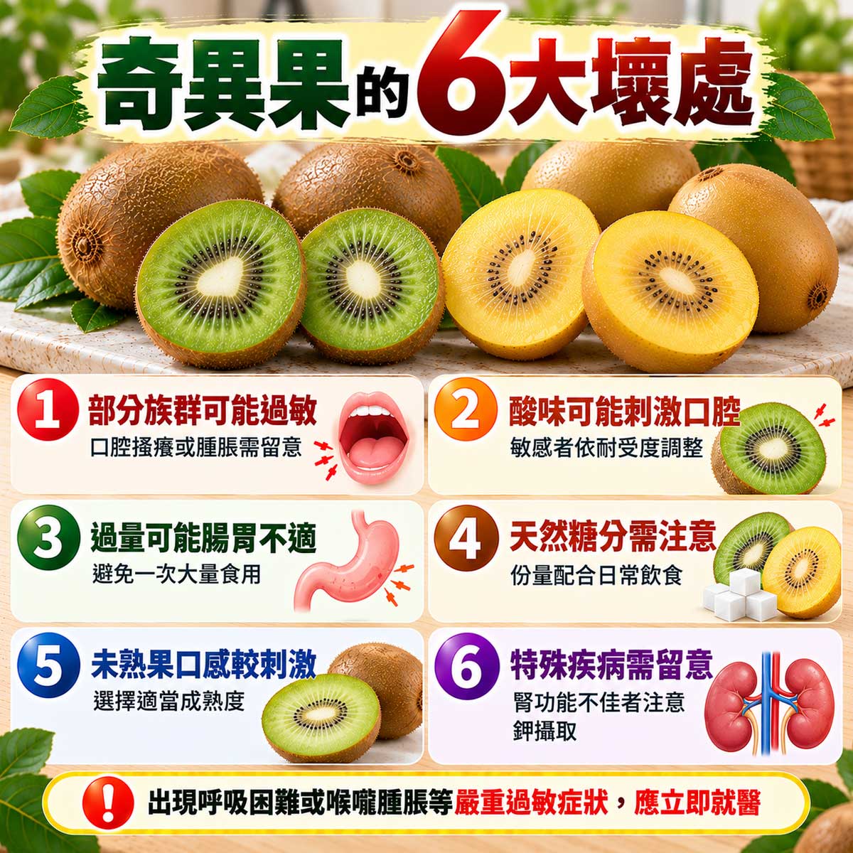 奇異果6大壞處，過敏、口腔刺激、腸胃不適、天然糖分、未熟果口感與鉀攝取注意