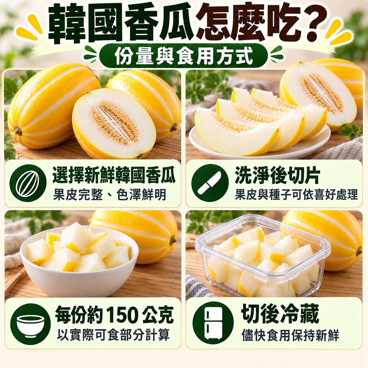 韓國香瓜食用指南，選成熟瓜洗淨去籽約150公克果肉與切後冷藏