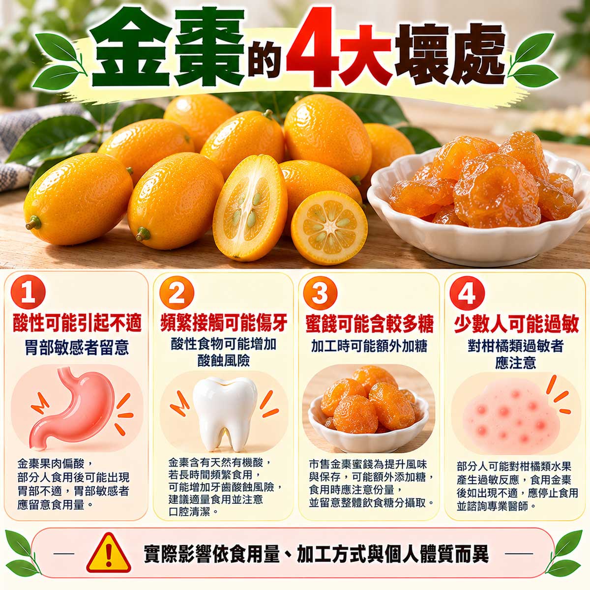 金棗4大壞處，酸性刺激、牙齒酸蝕、蜜餞添加糖與柑橘過敏注意事項
