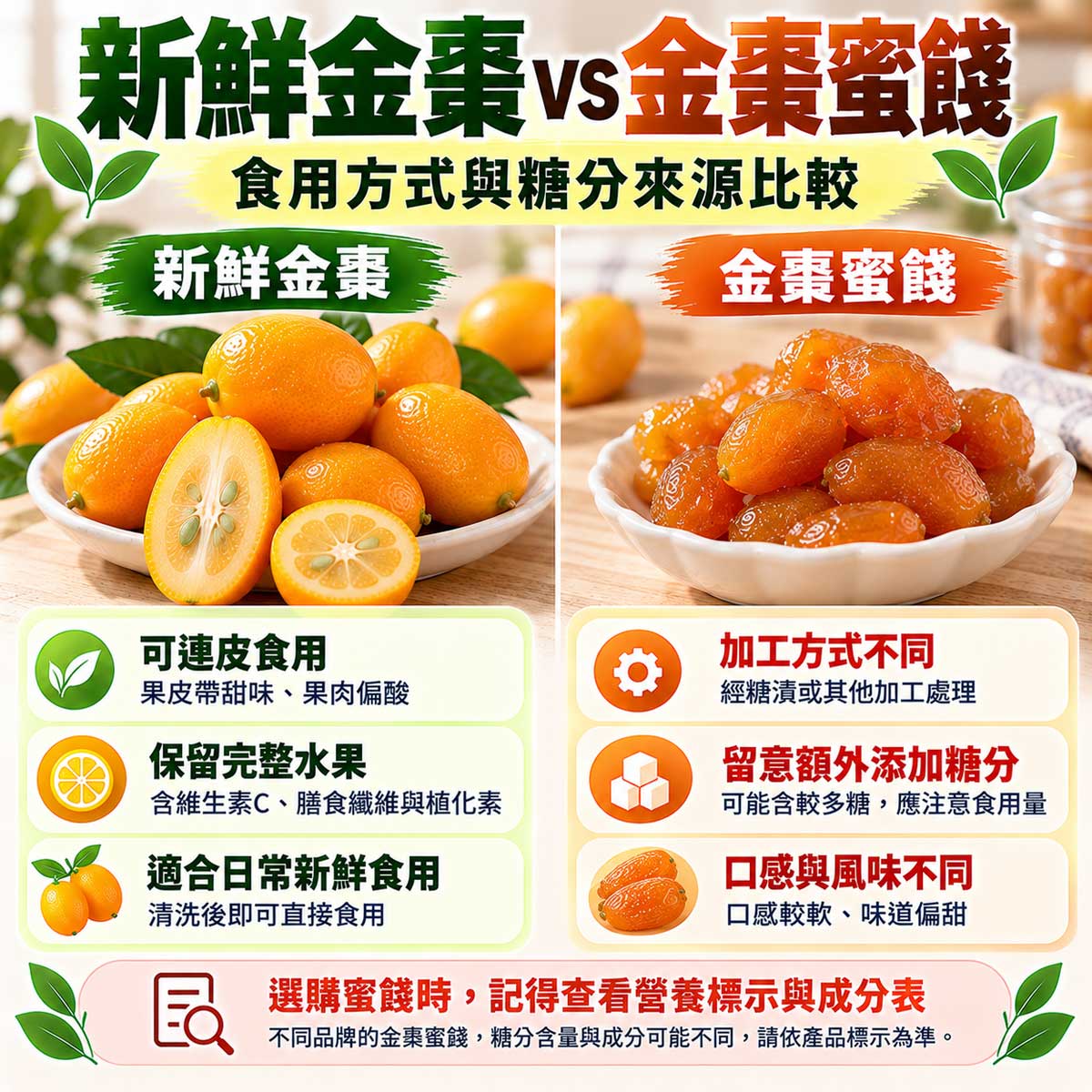 新鮮金棗與金棗蜜餞比較，外觀、加工方式與添加糖分差異