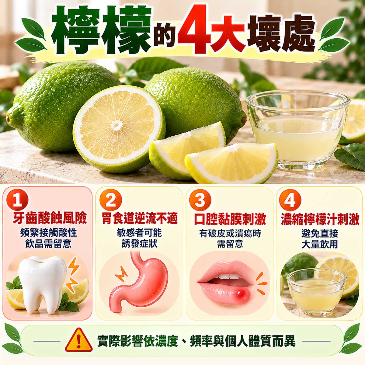 檸檬4大壞處，牙齒酸蝕、胃食道逆流、口腔刺激與濃縮檸檬汁刺激風險｜北投之家水果買賣平台