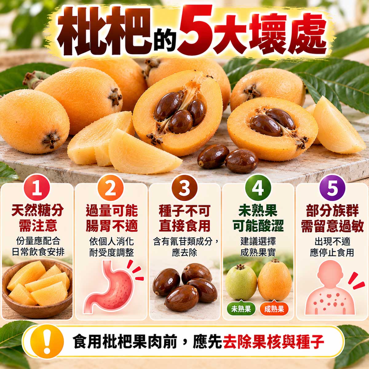 枇杷5大壞處，天然糖分、腸胃不適、種子氰苷、未熟果酸澀與過敏注意事項