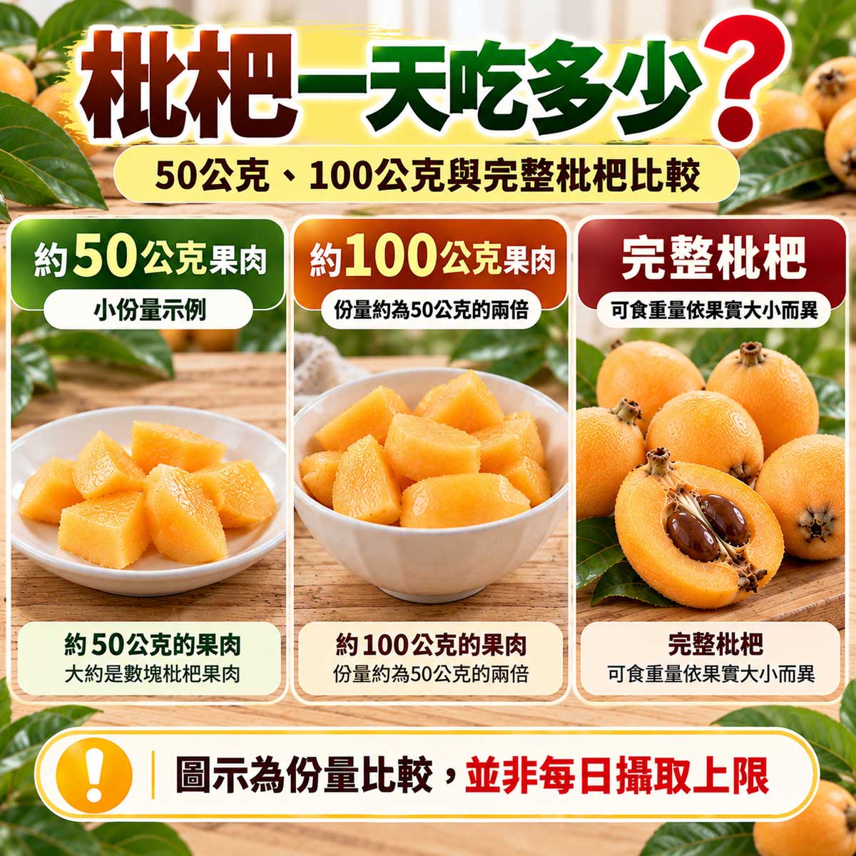 枇杷一天吃多少？50公克與100公克可食果肉及完整枇杷份量比較