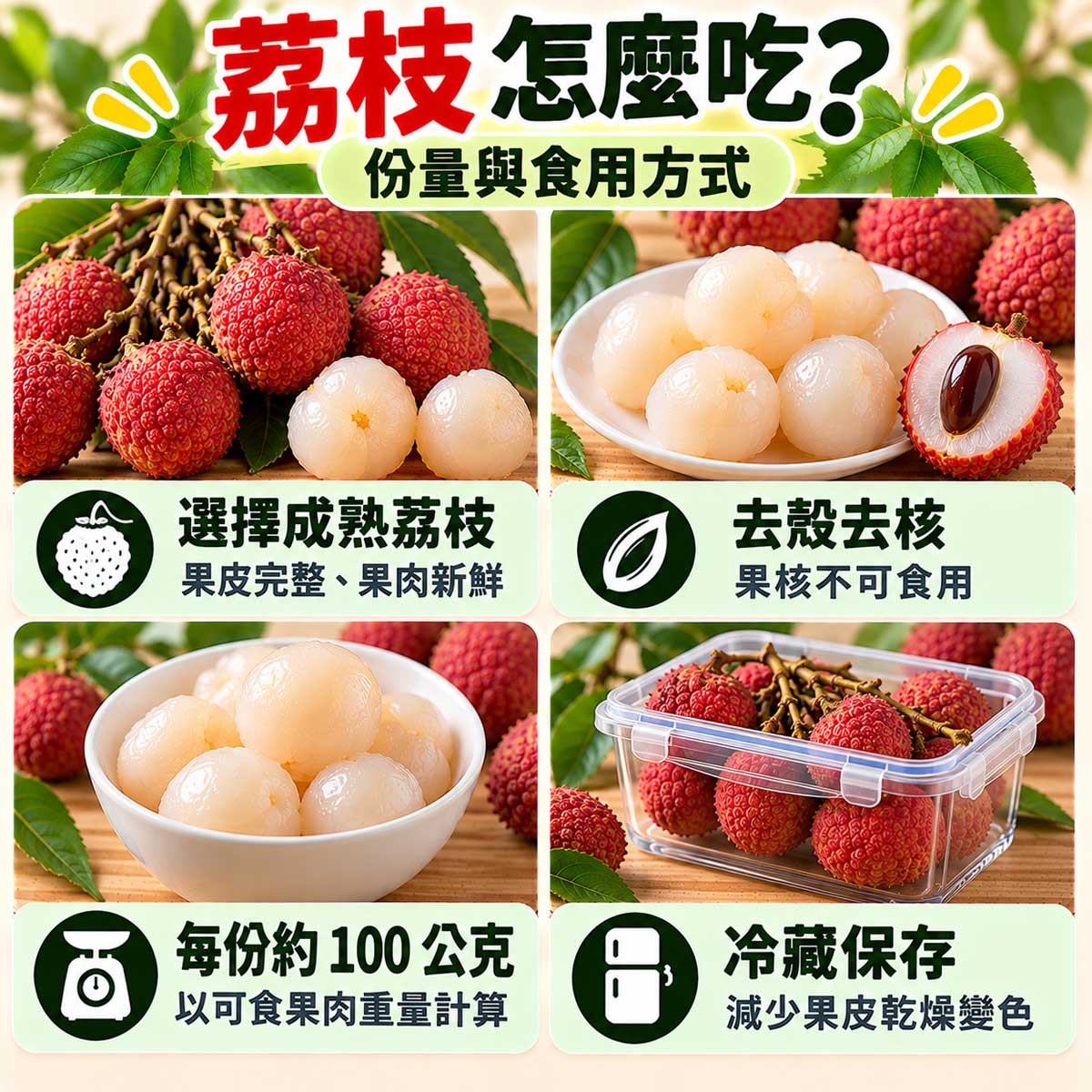 荔枝食用方式,成熟鮮果、去殼去核、約100公克果肉與冷藏保存