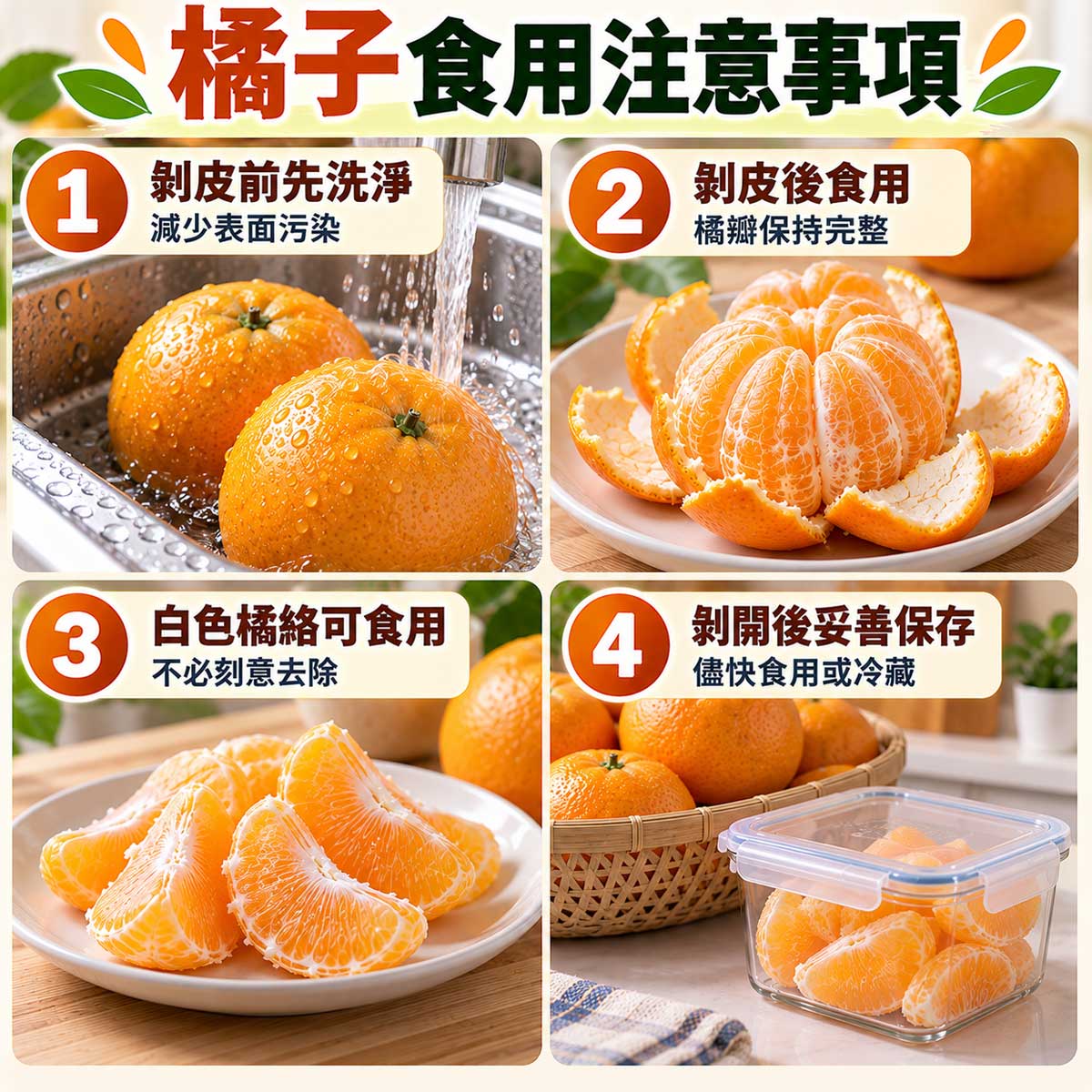 橘子食用注意事項，剝皮前清洗、白色橘絡可食與剝後冷藏｜北投之家水果買賣平台