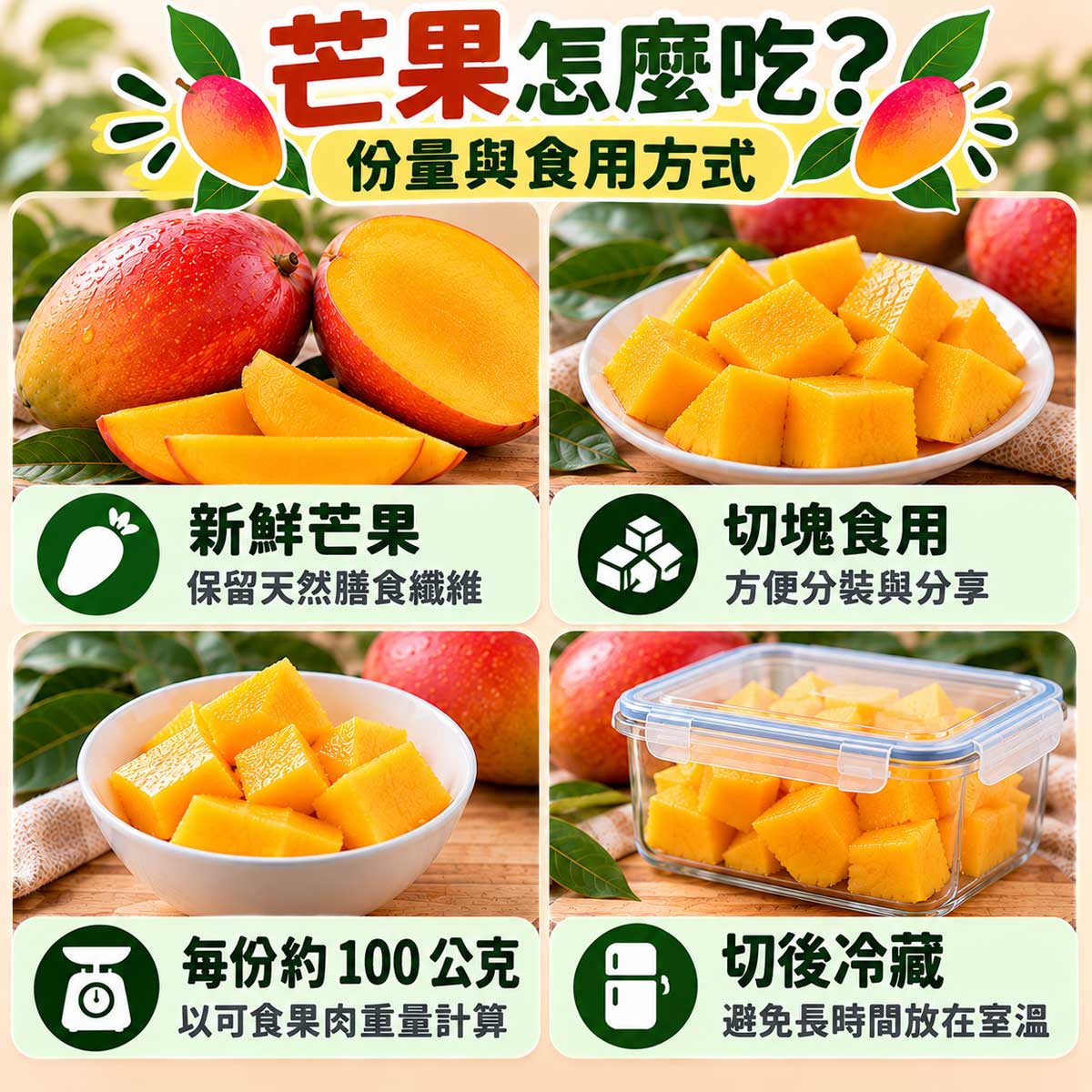 芒果食用方式,新鮮愛文果肉、切塊分裝、約100公克及切後冷藏