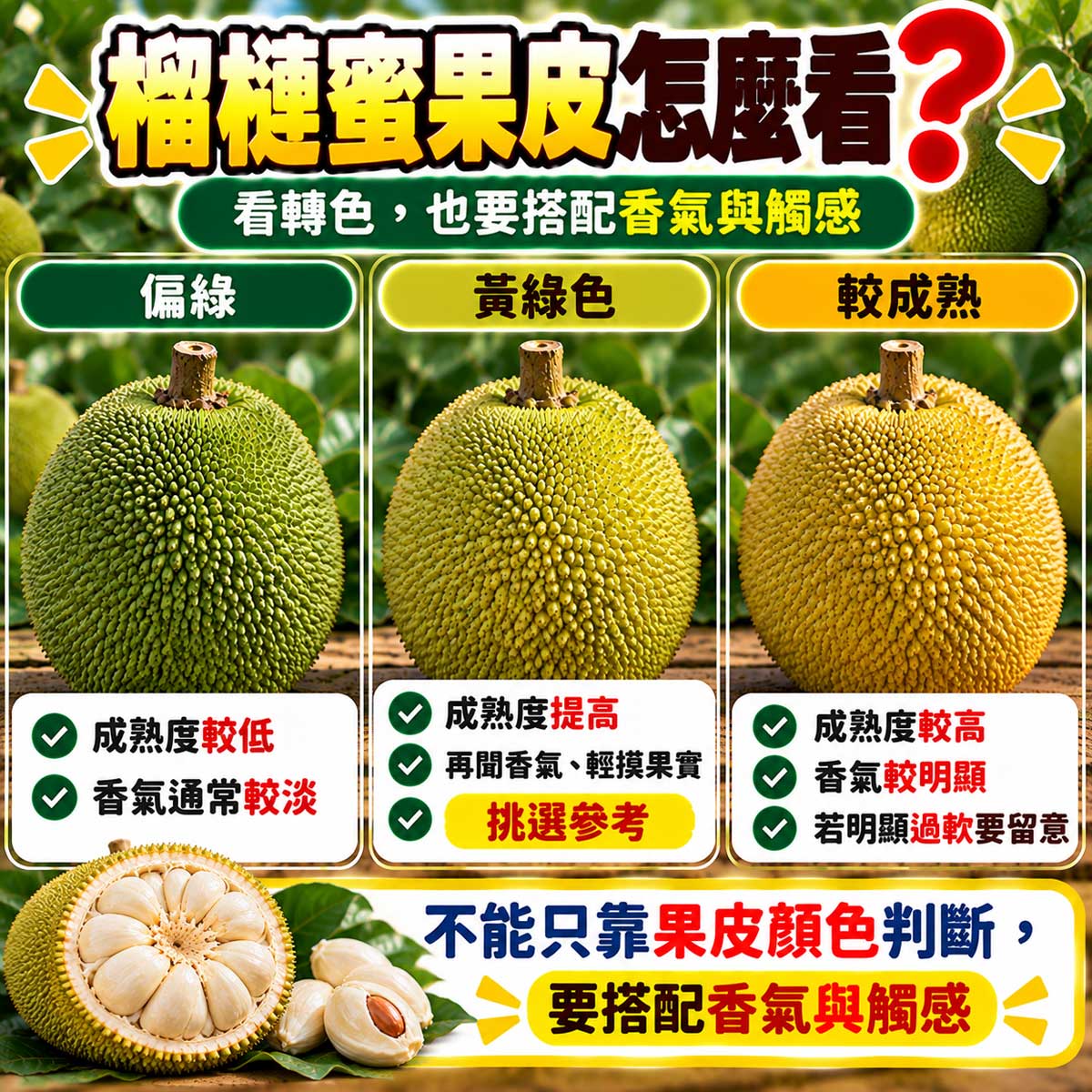 榴槤蜜偏綠到黃綠轉色與成熟度比較