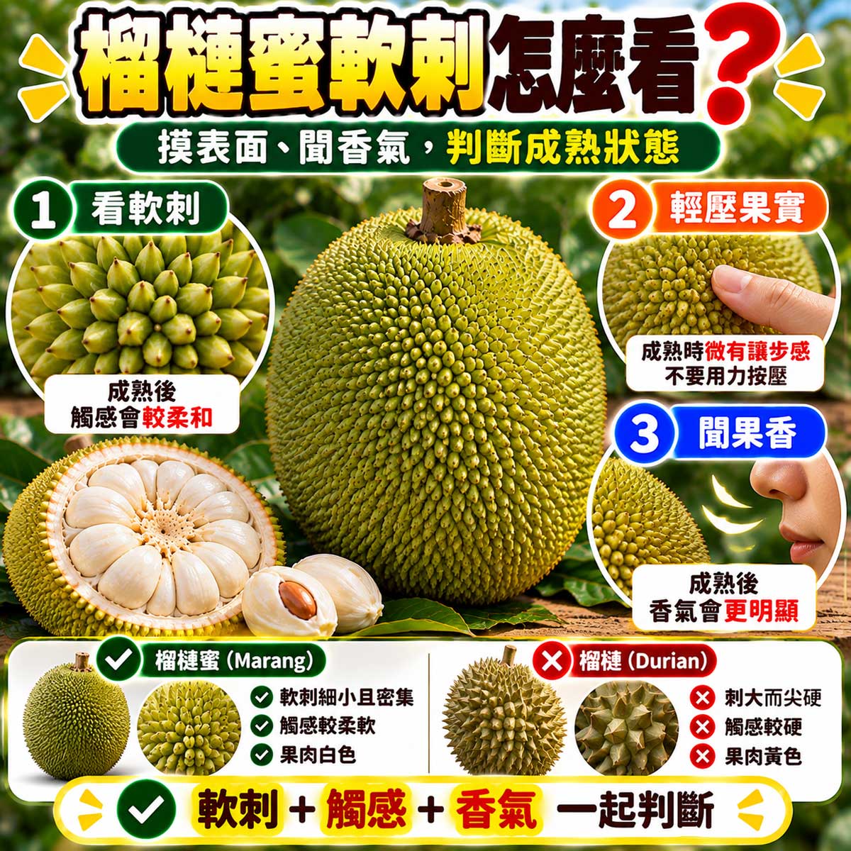 榴槤蜜密集柔軟細刺輕壓觸感與自然果香判斷