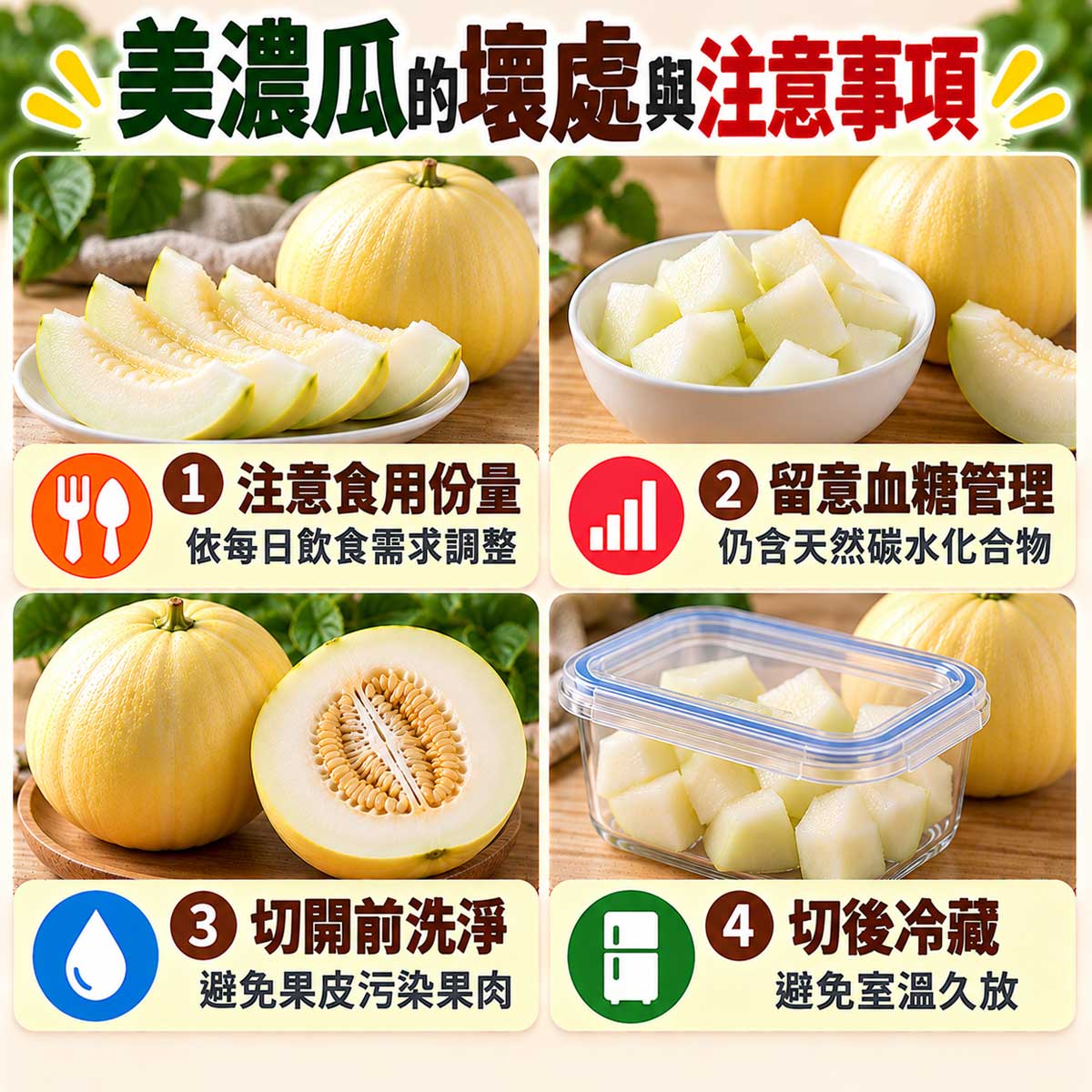 美濃瓜食用注意，份量血糖切前洗淨與切後冷藏