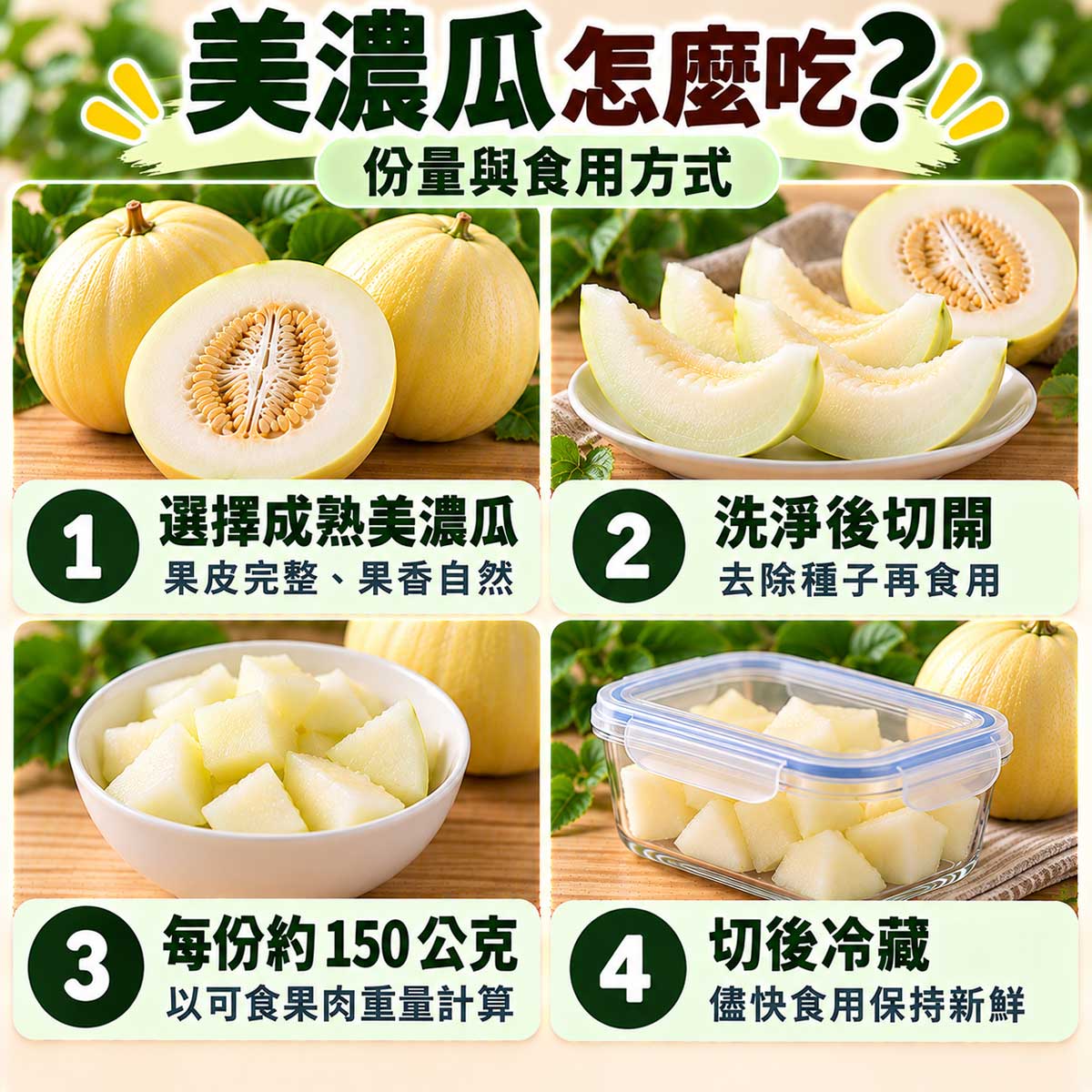 美濃瓜食用指南，選成熟瓜洗淨去籽約150公克果肉與切後冷藏