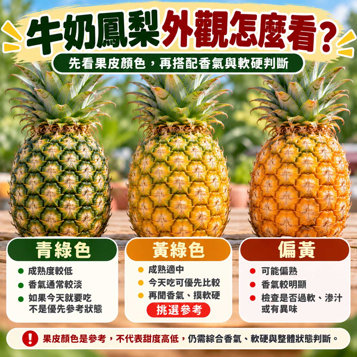 牛奶鳳梨青綠黃綠偏黃成熟色澤與軟傷判斷