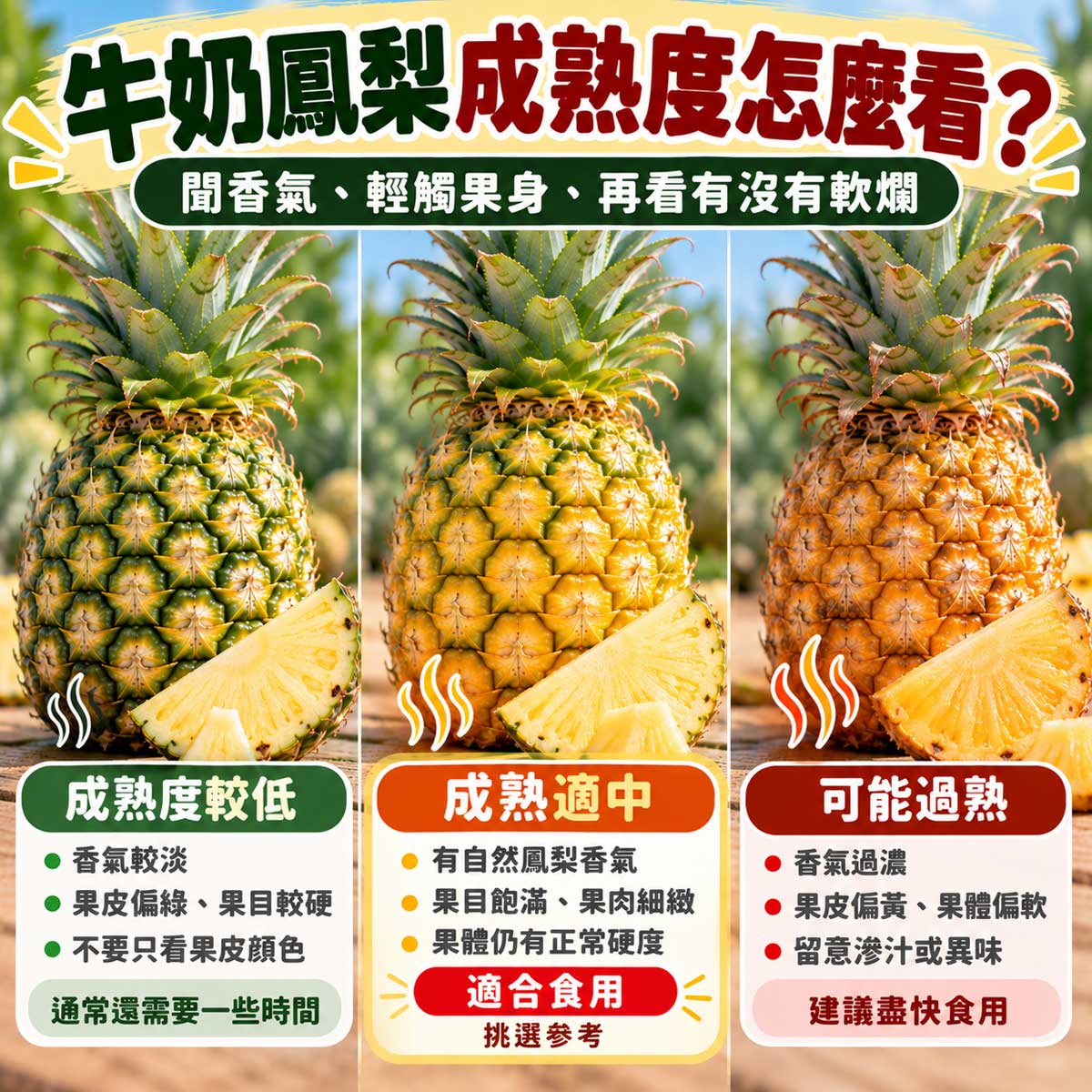 牛奶鳳梨成熟度較低成熟適中與可能過熟比較