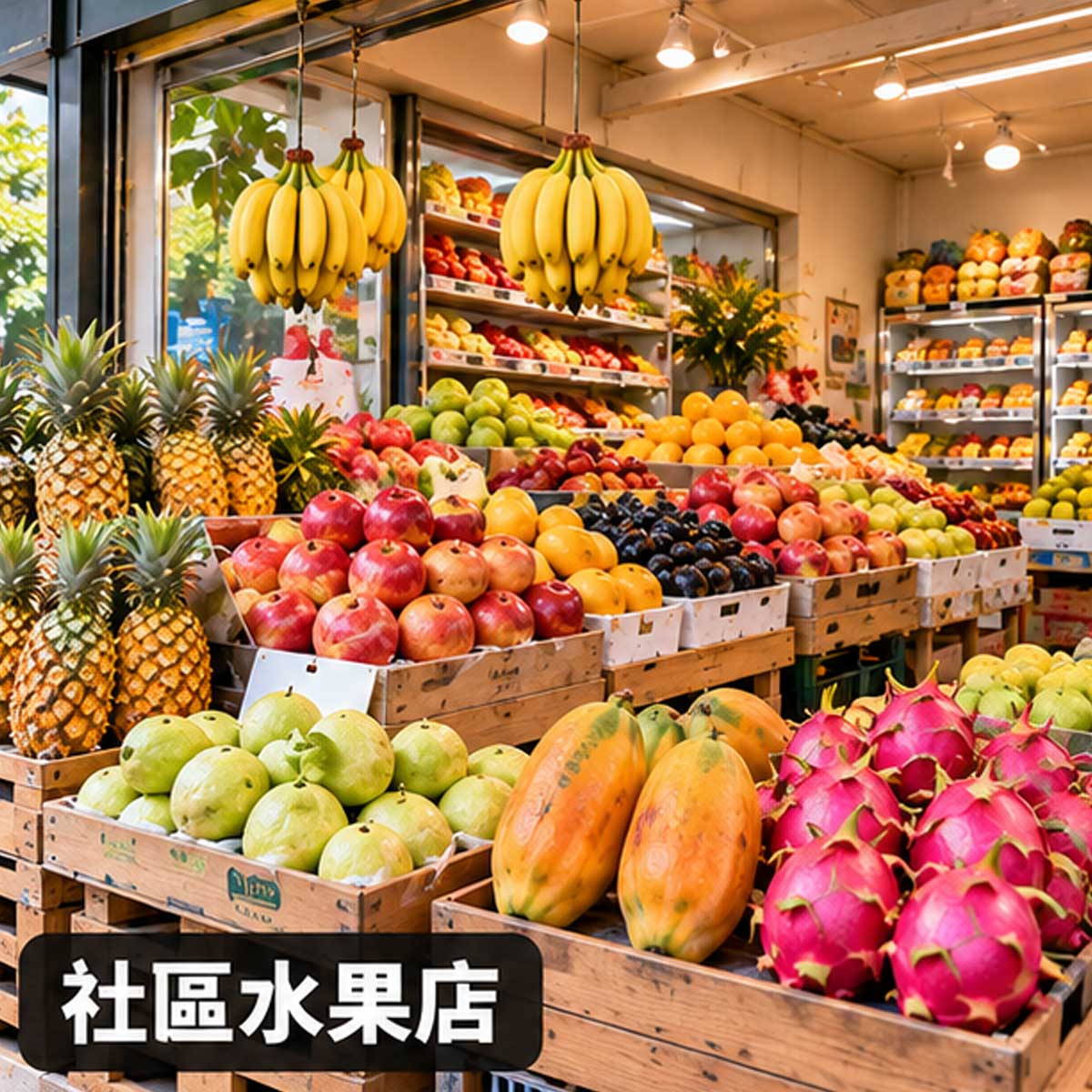 社區水果店明亮店面與多樣日常水果陳列示意