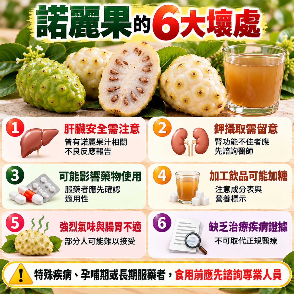 諾麗果6大壞處，肝臟安全、鉀攝取、藥物使用、加工糖分、腸胃不適與療效證據