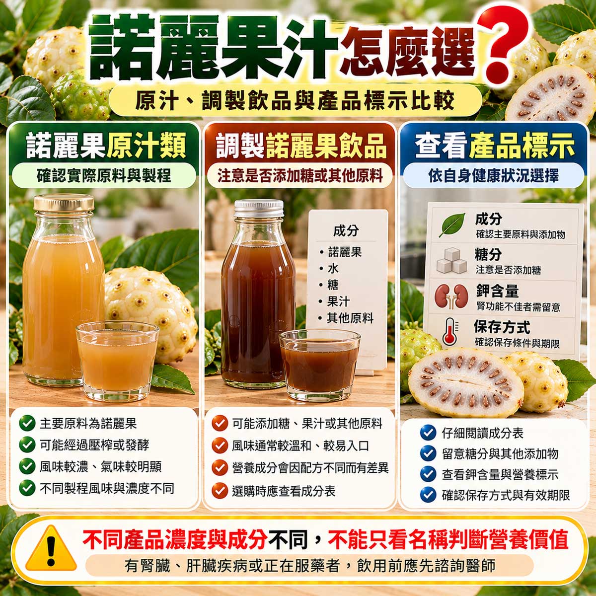 諾麗果汁怎麼選？原汁與調製飲品的成分、糖分、鉀含量及保存標示比較