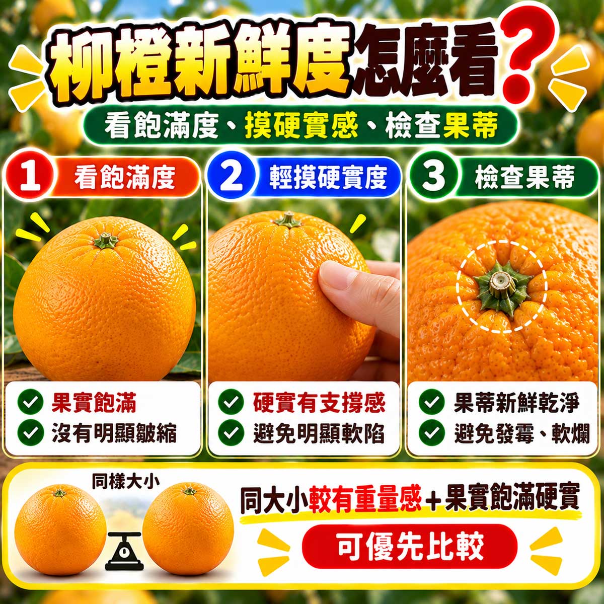 柳橙飽滿新鮮乾縮失水與局部軟傷比較