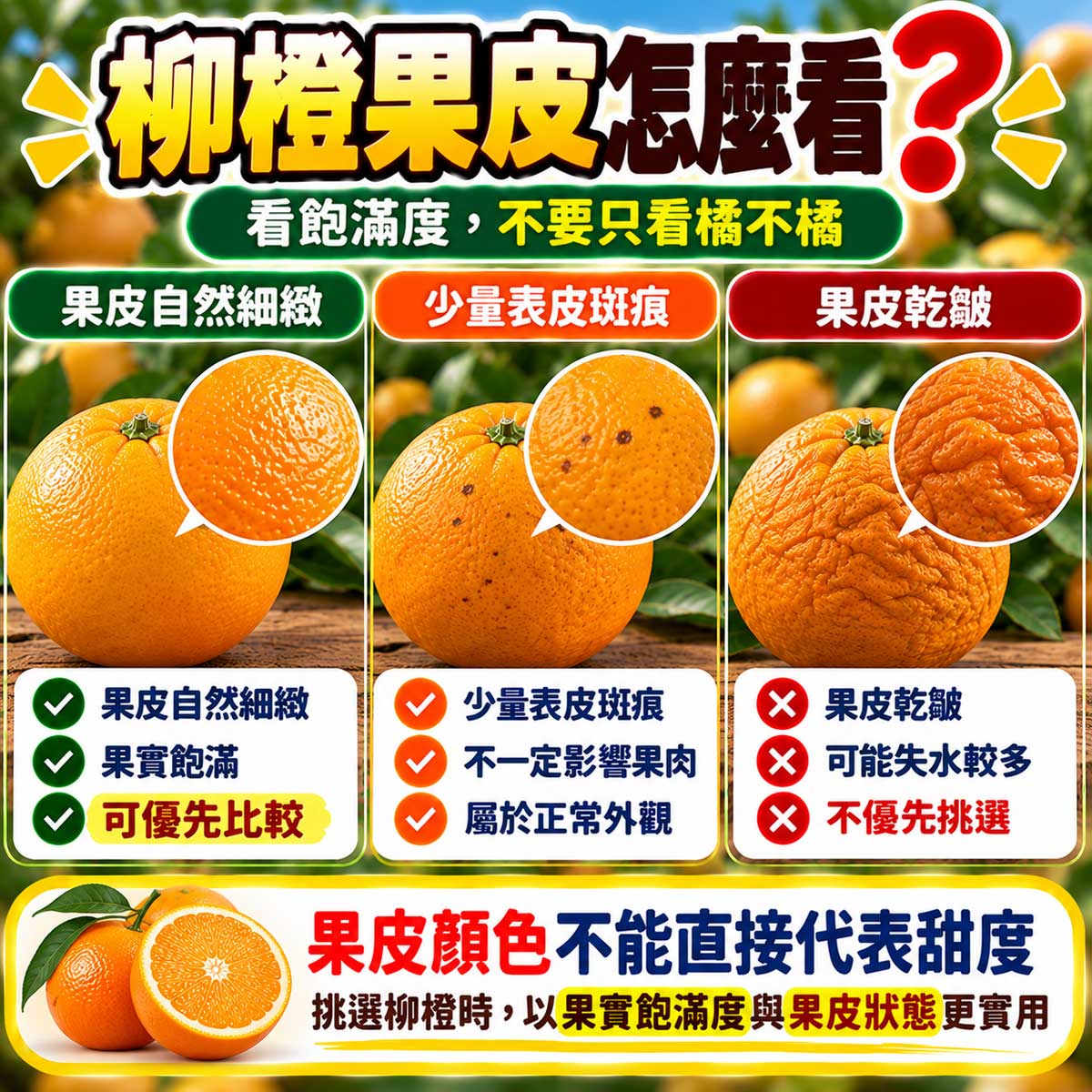 柳橙果皮油胞粗細飽滿度與顏色挑選比較