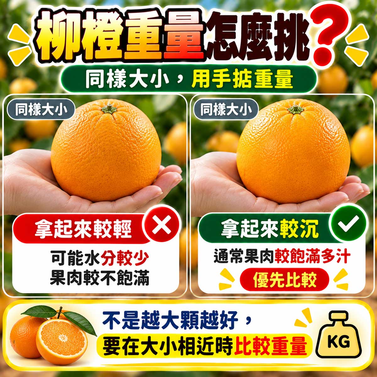同大小柳橙比較重量感與汁水飽滿度挑選方法