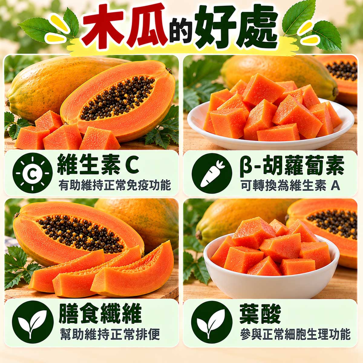 木瓜4大營養好處，維生素C、可轉換維生素A的β-胡蘿蔔素、纖維與葉酸