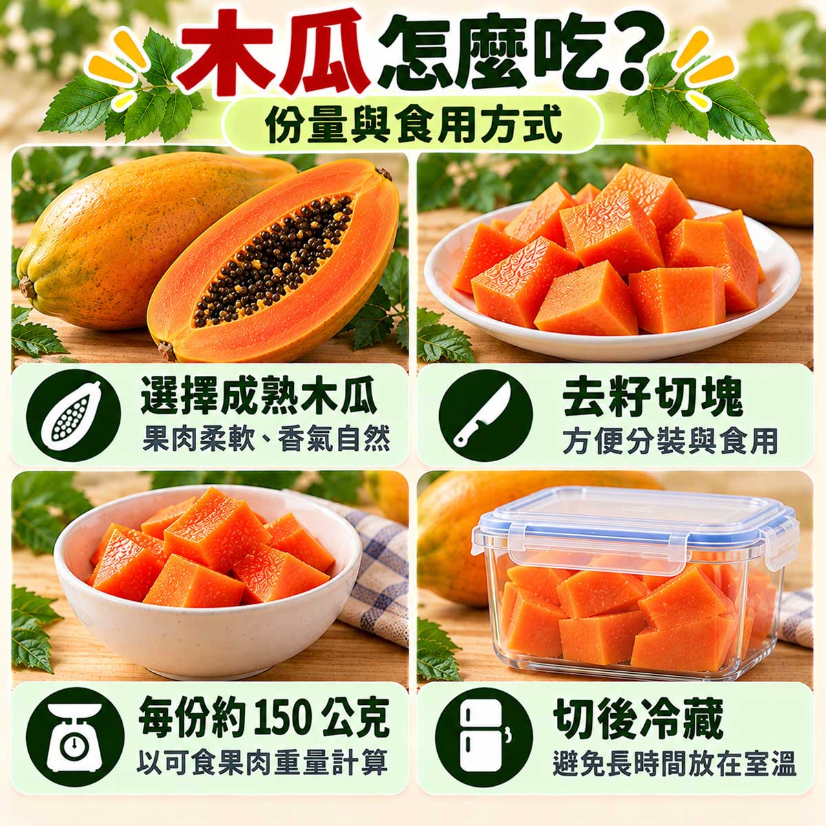 木瓜食用方式，成熟果實、去籽切塊、約150公克果肉分裝與切後冷藏