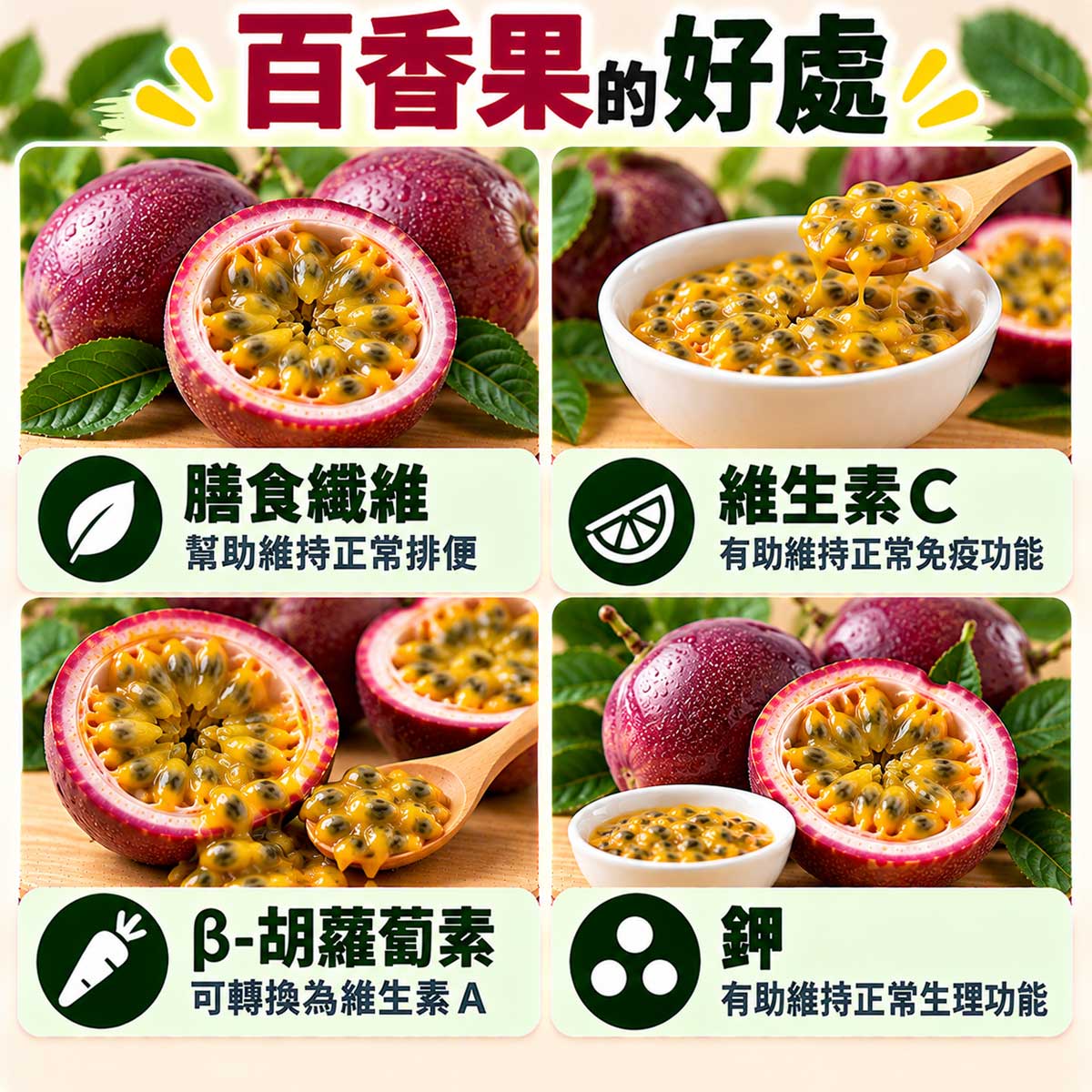 百香果4大營養重點，纖維維生素Cβ胡蘿蔔素與鉀