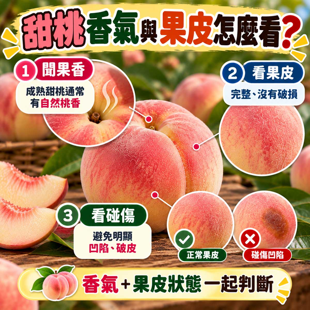 甜桃自然桃香果皮完整與碰傷凹陷挑選細節