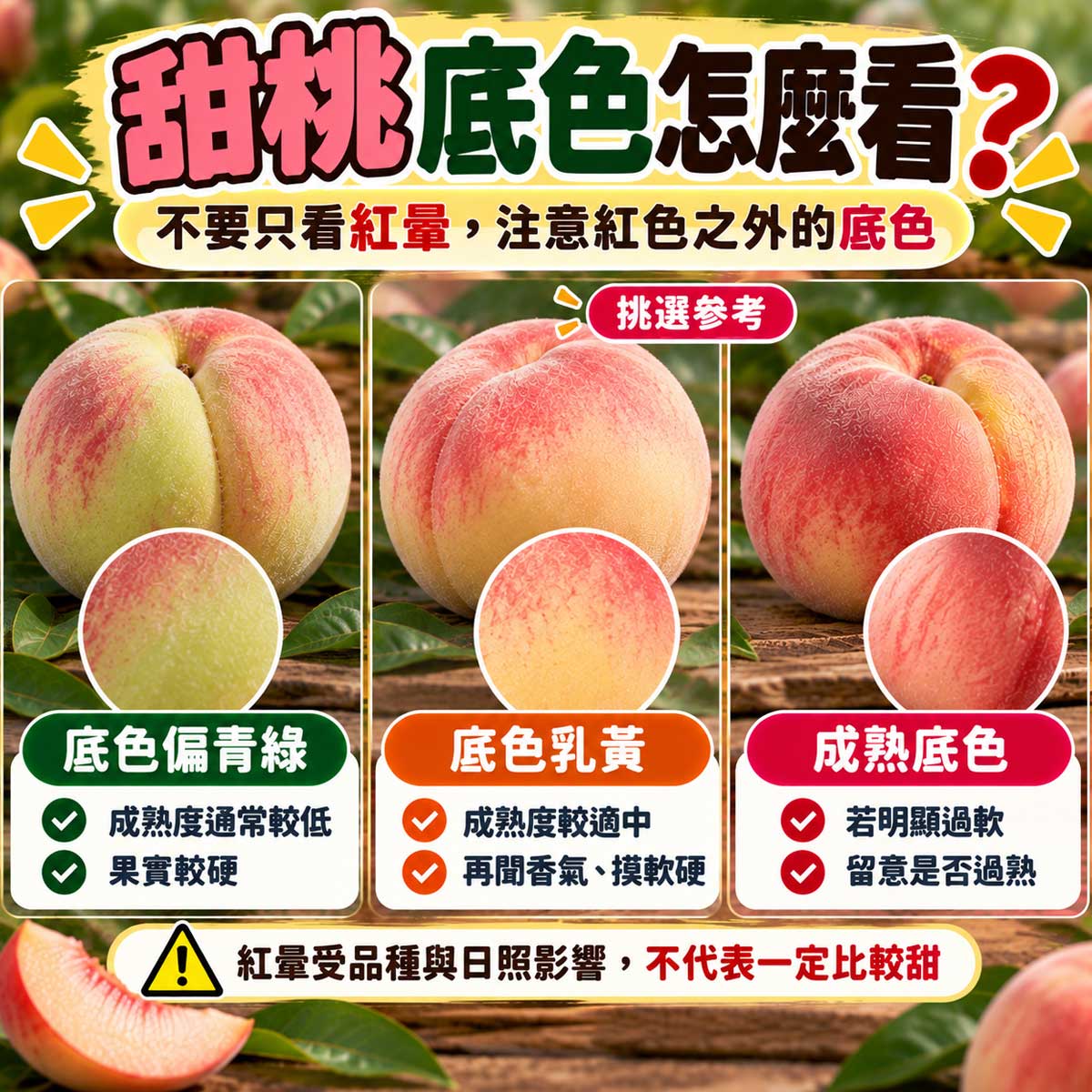 甜桃偏青綠底色乳黃底色與成熟底色比較