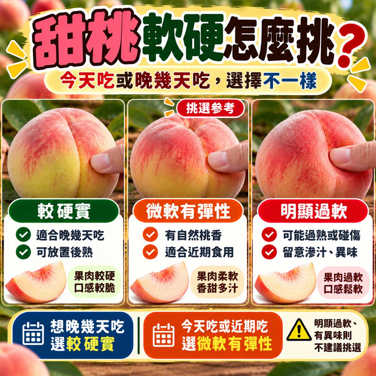 甜桃較硬實微軟有彈性與明顯過軟成熟度比較