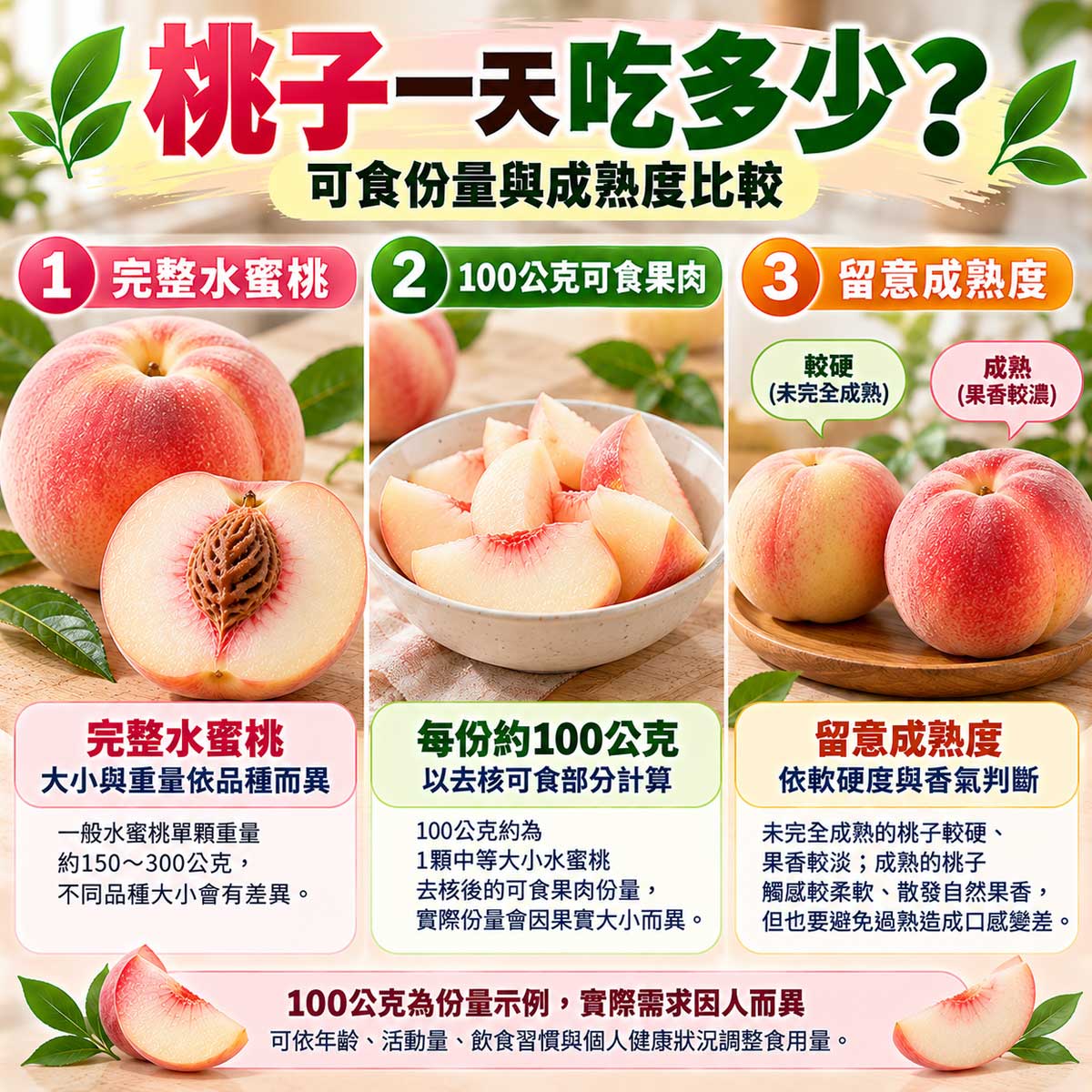 桃子一天吃多少？完整水蜜桃、100公克去核果肉與不同熟度比較