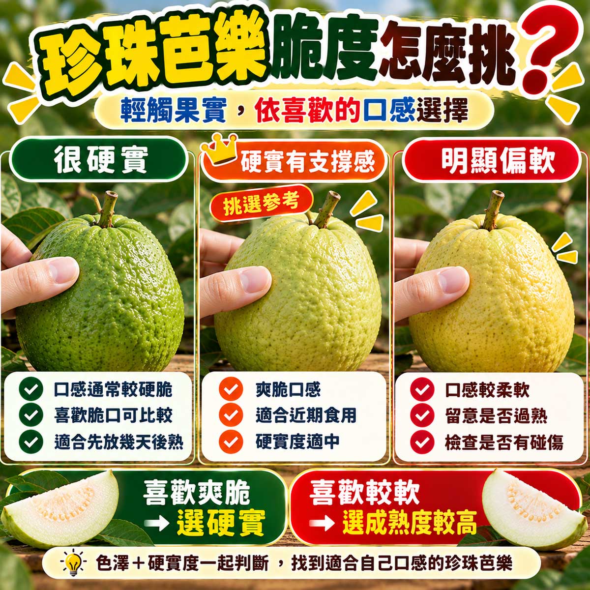 珍珠芭樂很硬實硬度適中與開始變軟脆度比較