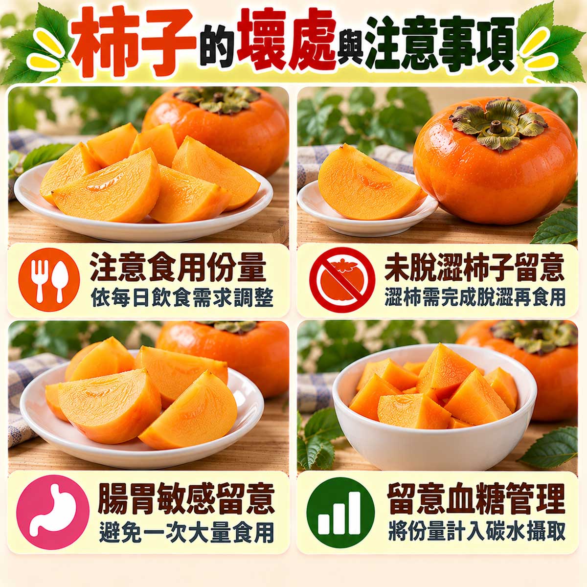 柿子4項食用注意,份量、未脫澀柿子、腸胃敏感及血糖管理