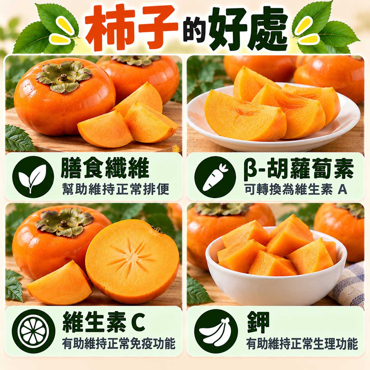 柿子4大營養重點,膳食纖維、β-胡蘿蔔素、維生素C與鉀