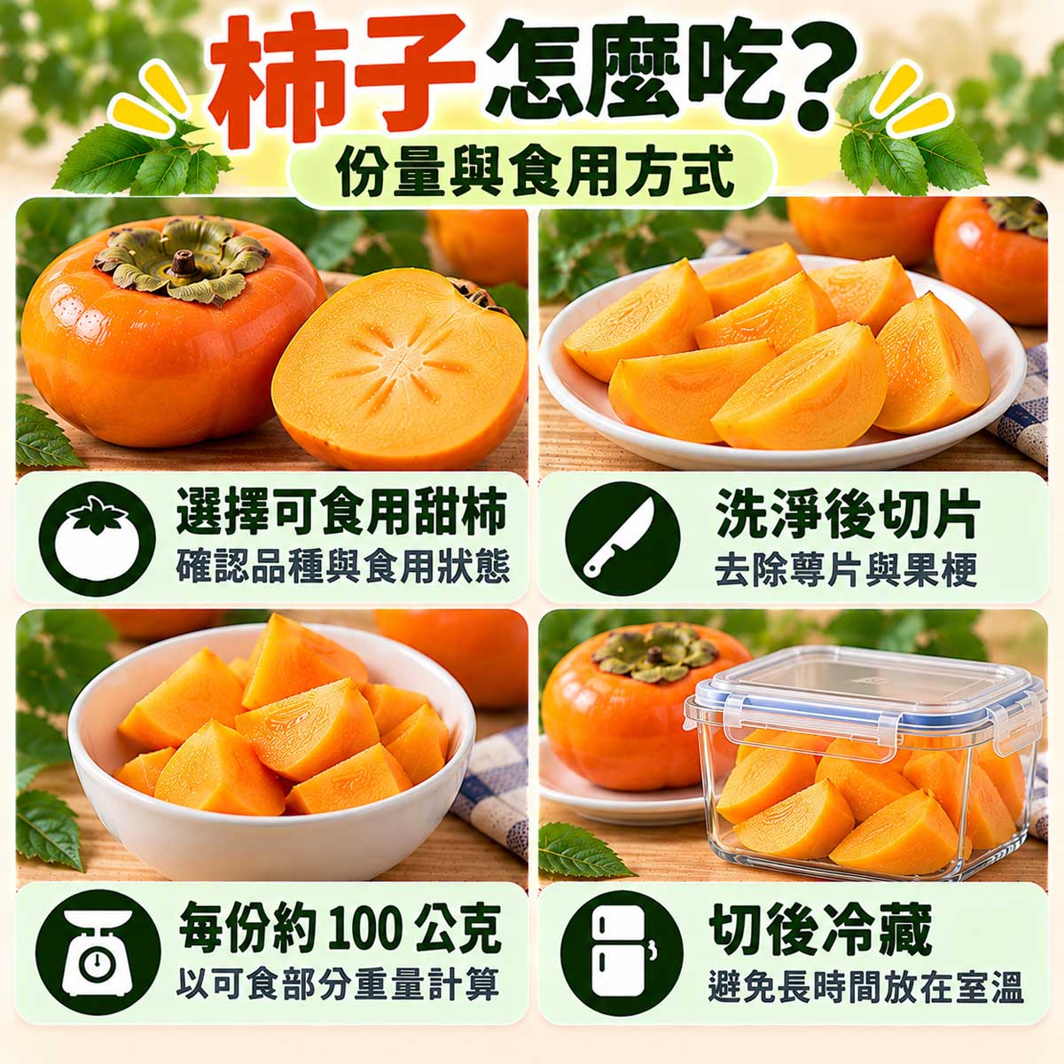 柿子食用方式,可食甜柿、洗淨切片、約100公克分裝及切後冷藏