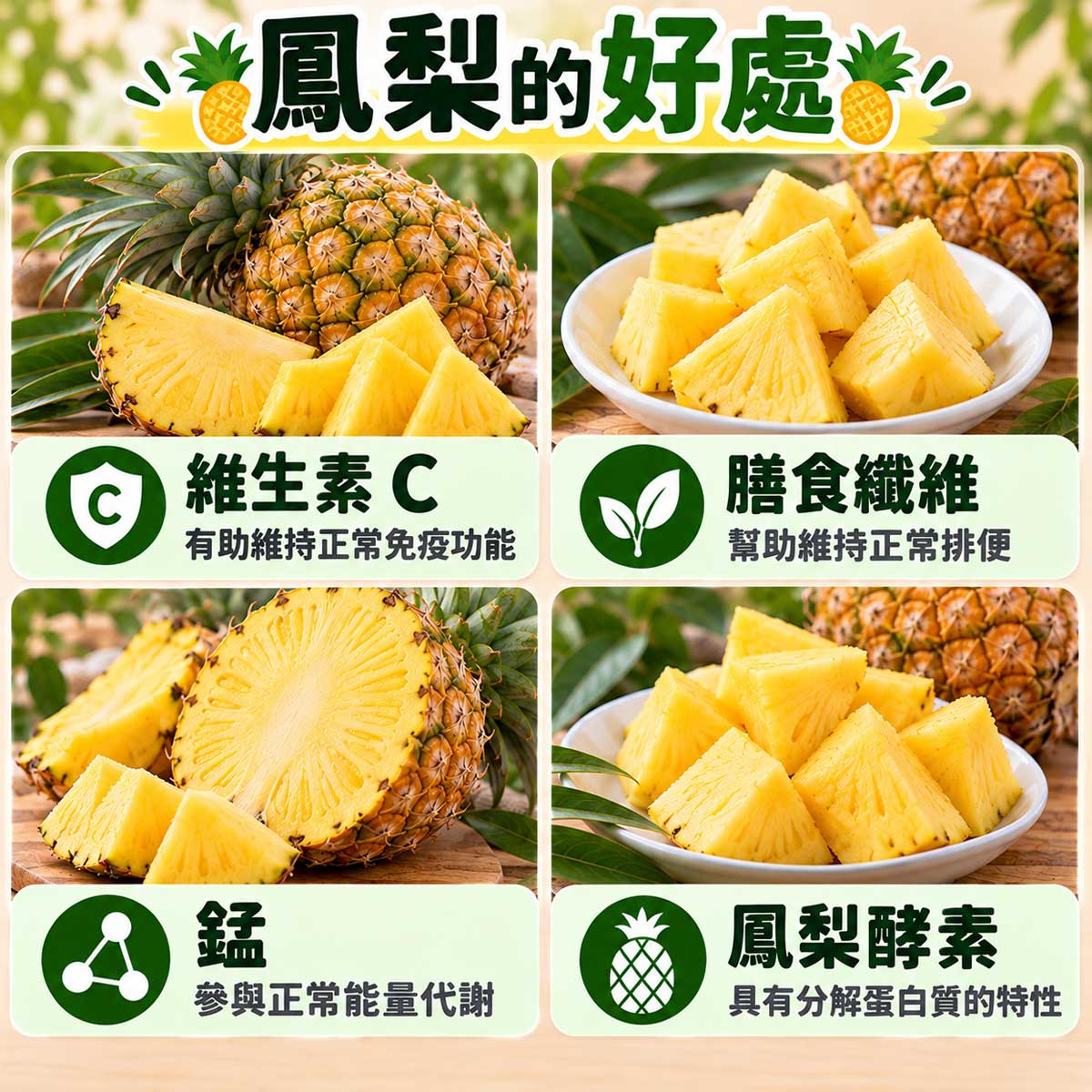 鳳梨營養特色圖解,維生素C、纖維、錳及酵素分解蛋白質特性