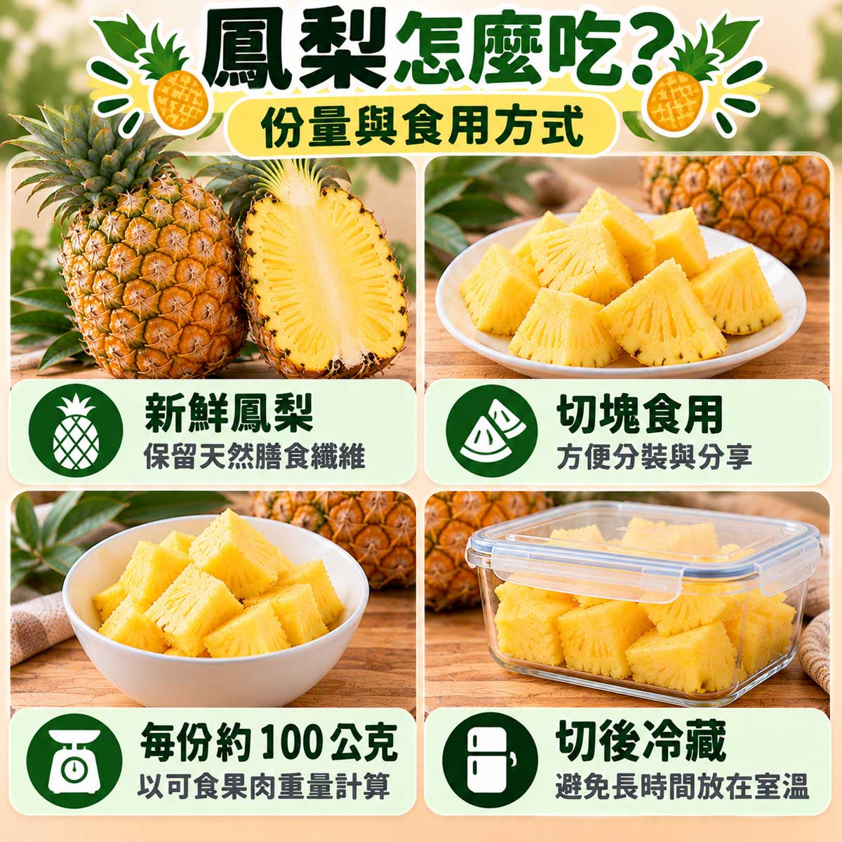 鳳梨食用方式,新鮮果肉、切塊分裝、約100公克果肉與切後冷藏